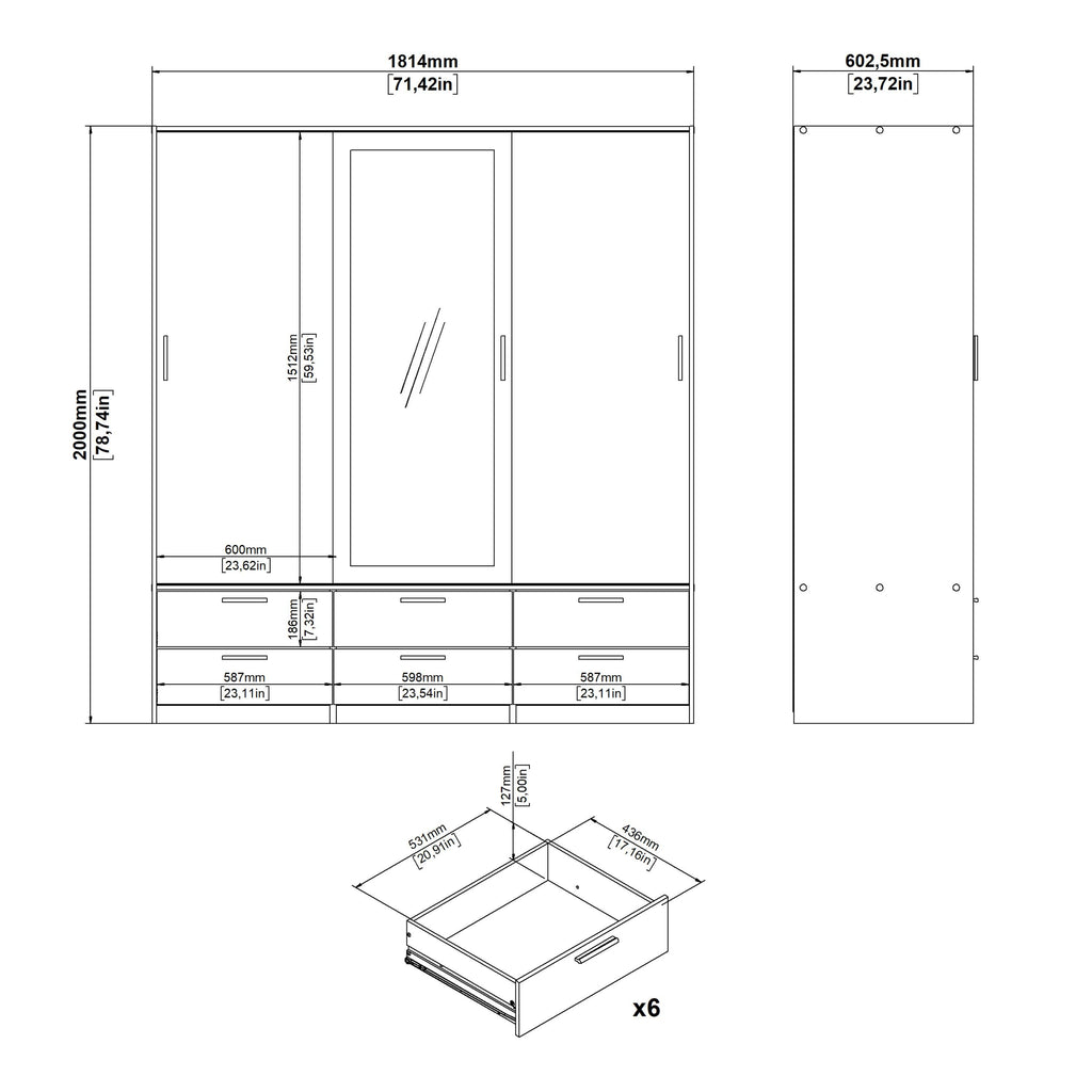 Line Wardrobe 3 Doors 6 Drawers in Oak with White High Gloss - image 13