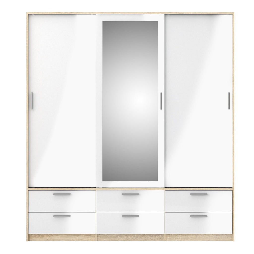 Line Wardrobe 3 Doors 6 Drawers in Oak with White High Gloss - image 2