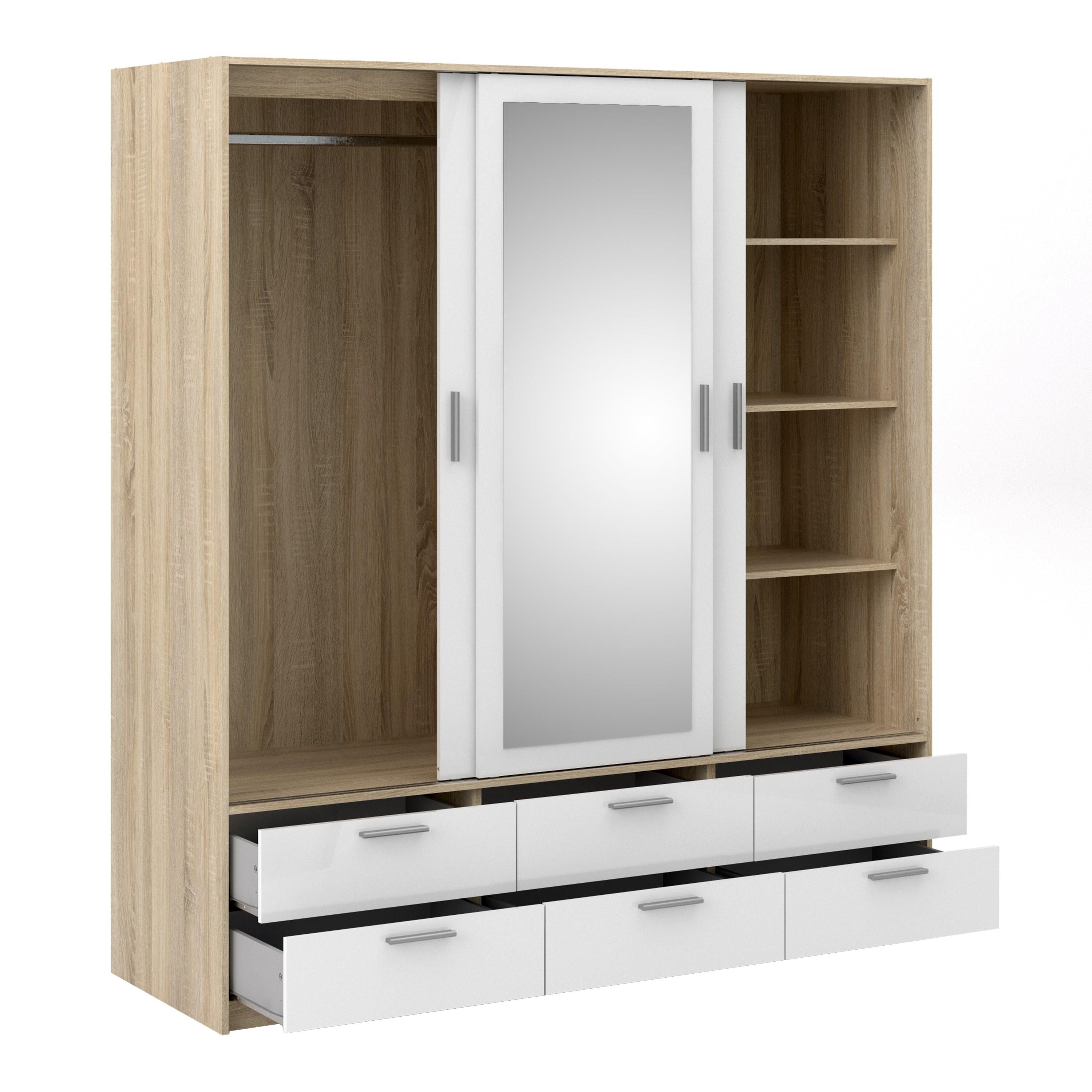 Line Wardrobe 3 Doors 6 Drawers in Oak with White High Gloss - image 4