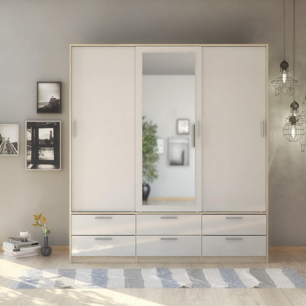 Line Wardrobe 3 Doors 6 Drawers in Oak with White High Gloss - image 6