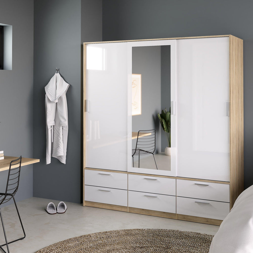 Line Wardrobe 3 Doors 6 Drawers in Oak with White High Gloss - image 7