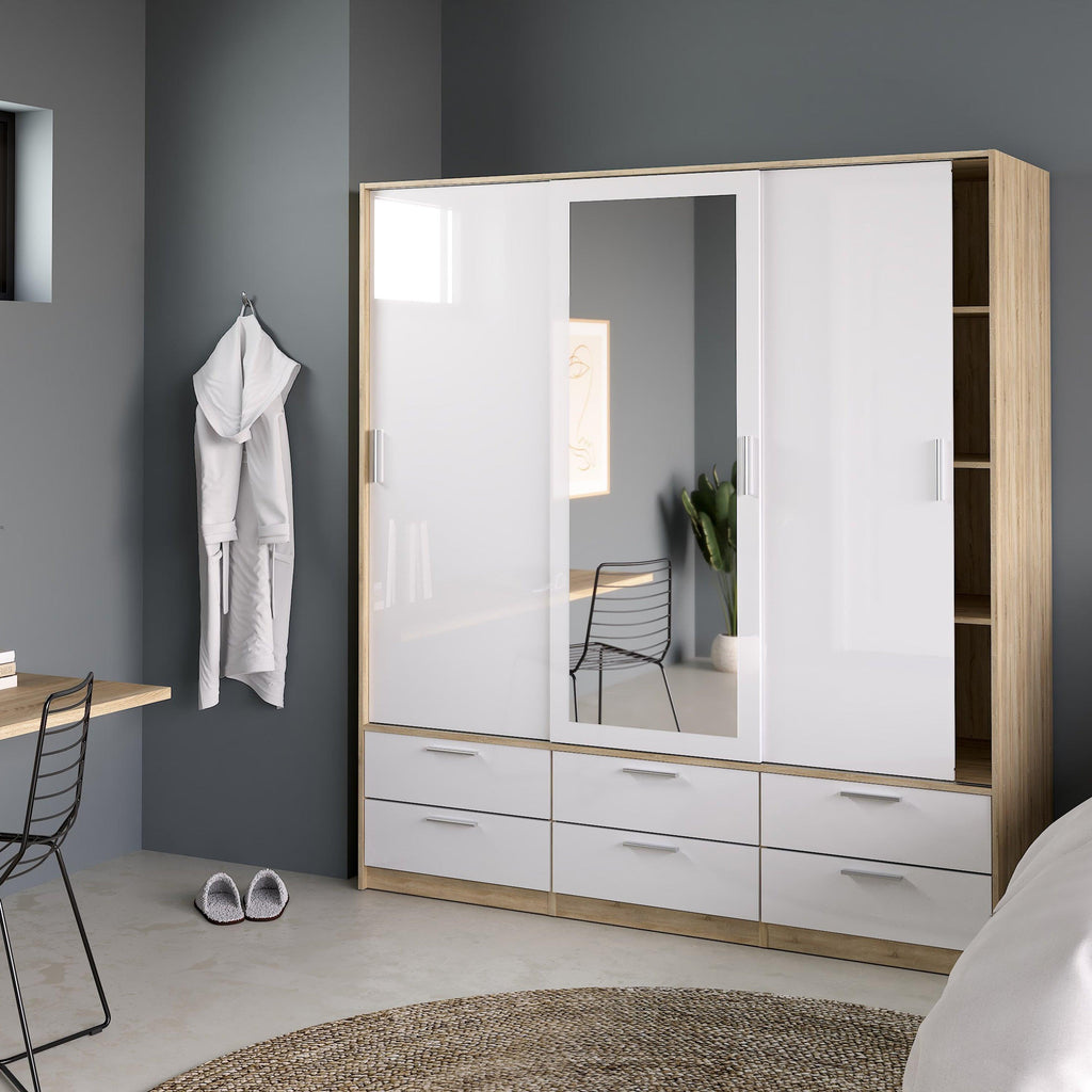 Line Wardrobe 3 Doors 6 Drawers in Oak with White High Gloss - image 8