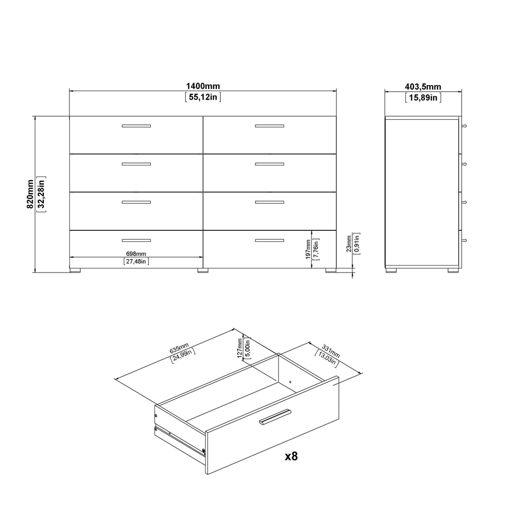 Pepe Wide Chest of 8 Drawers (4+4) in Oak structure/White High Gloss - image 8