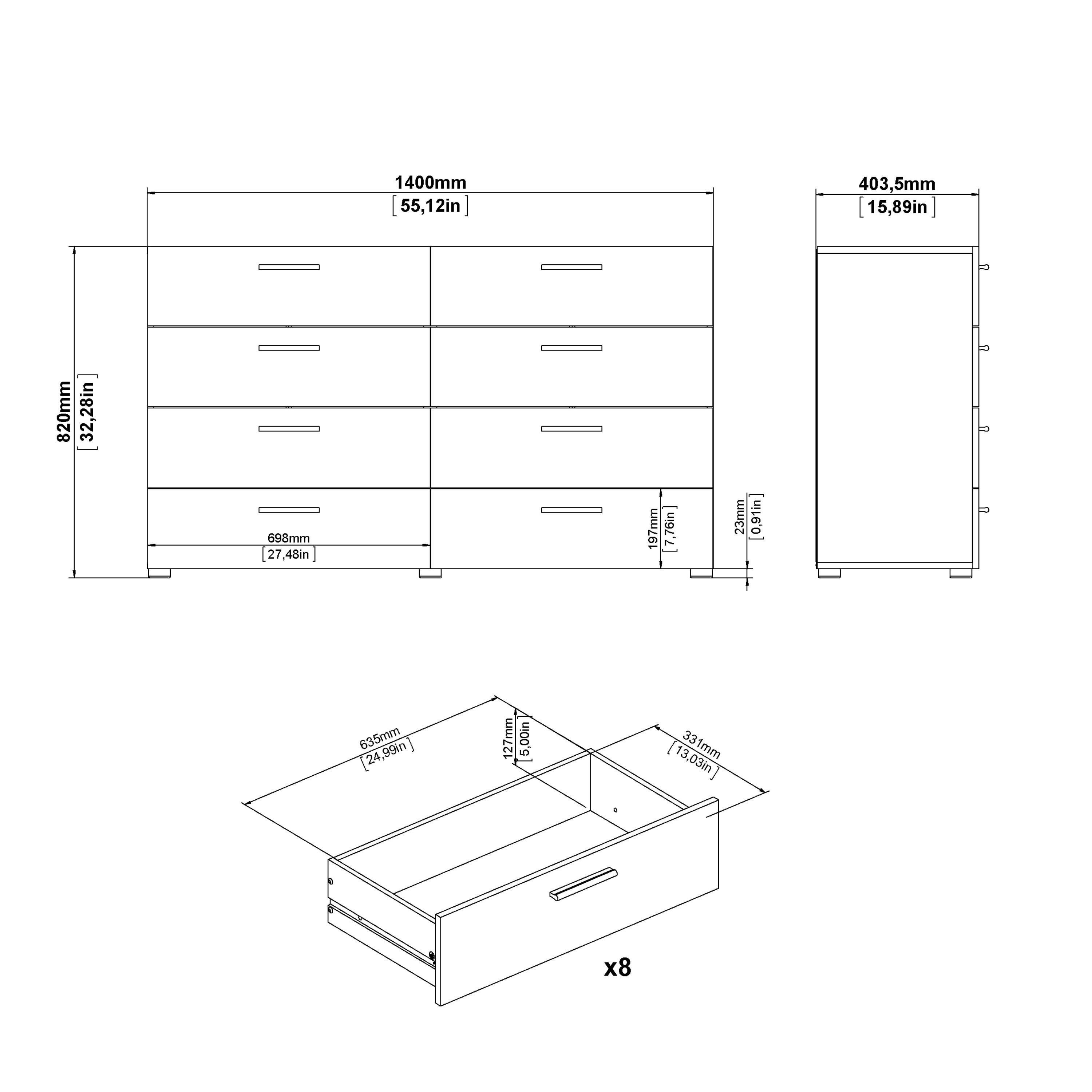 Pepe Wide Chest of 8 Drawers (4+4) in Oak structure/White High Gloss - image 8