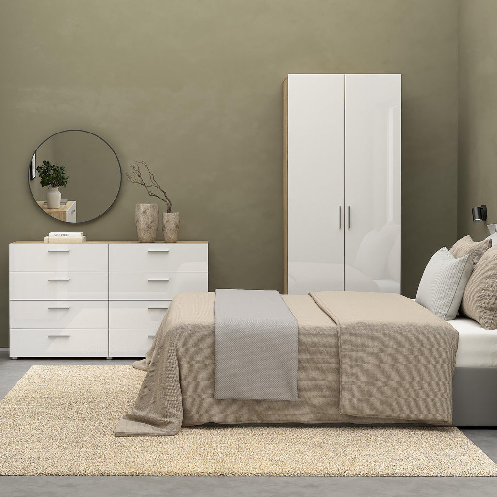 Pepe Package - Bedside 2 Drawers + Chest of 4 Drawers + Wardrobe with 2 Doors in Oak with White High Gloss - image 11