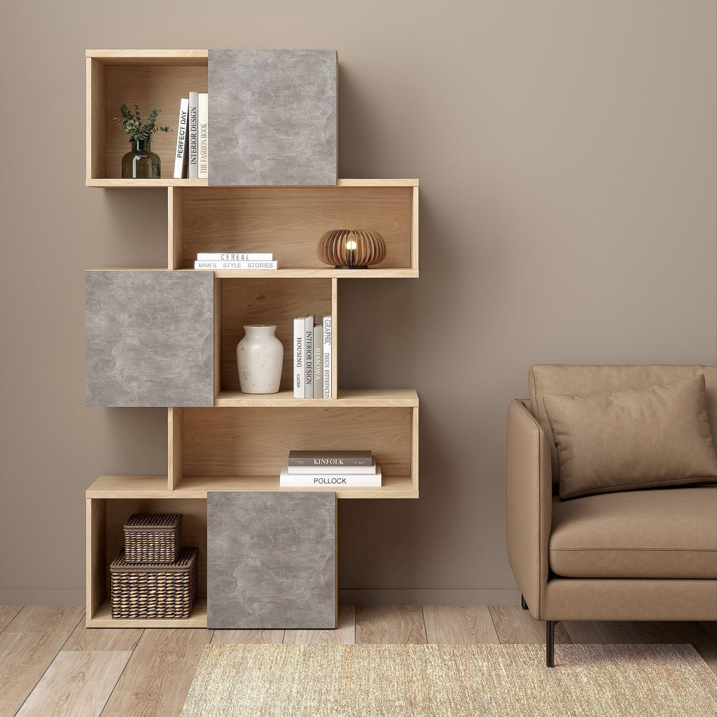 Maze Asymmetrical Bookcase with 3 Doors in Jackson Hickory and Concrete - image 6