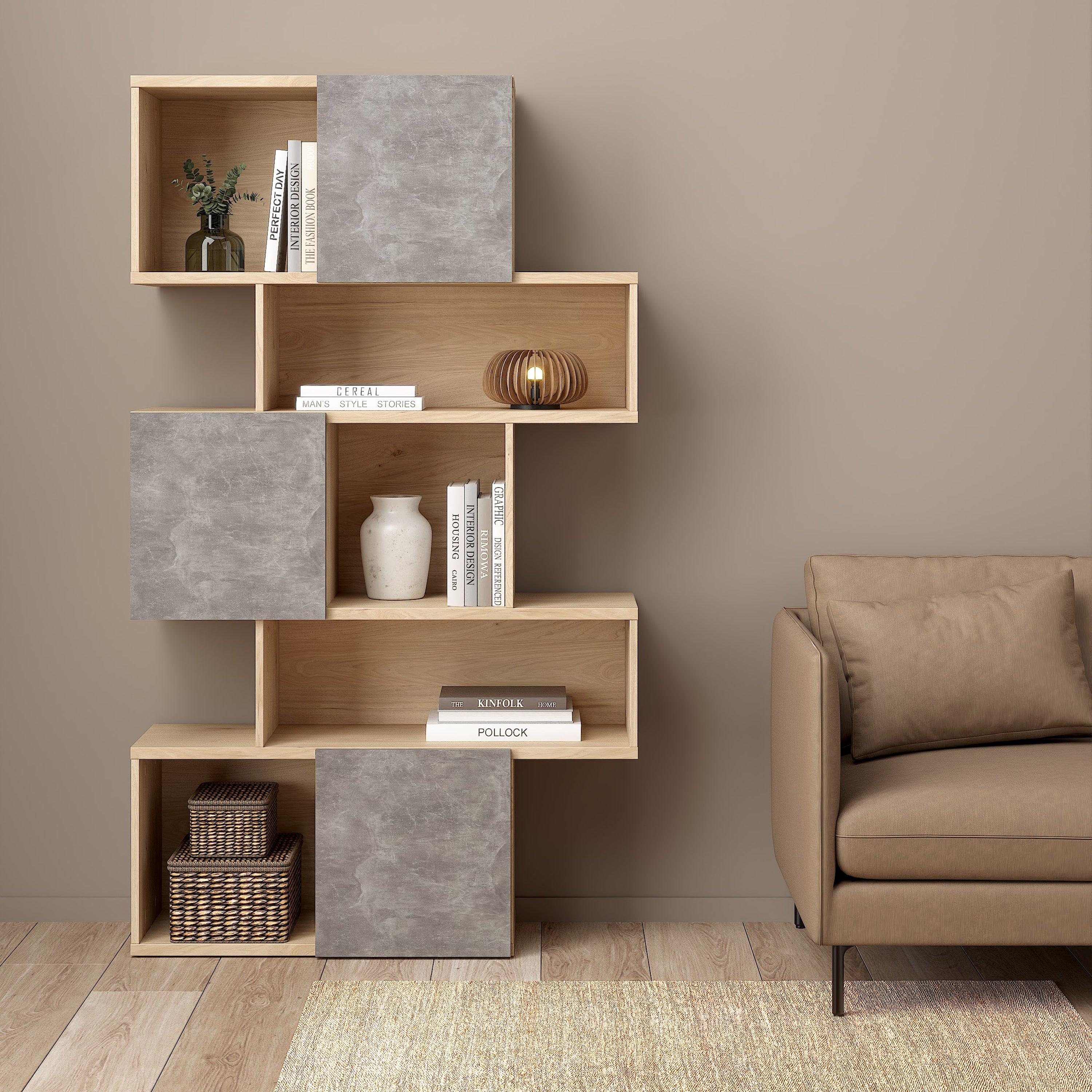 Maze Asymmetrical Bookcase with 3 Doors in Jackson Hickory and Concrete - image 6
