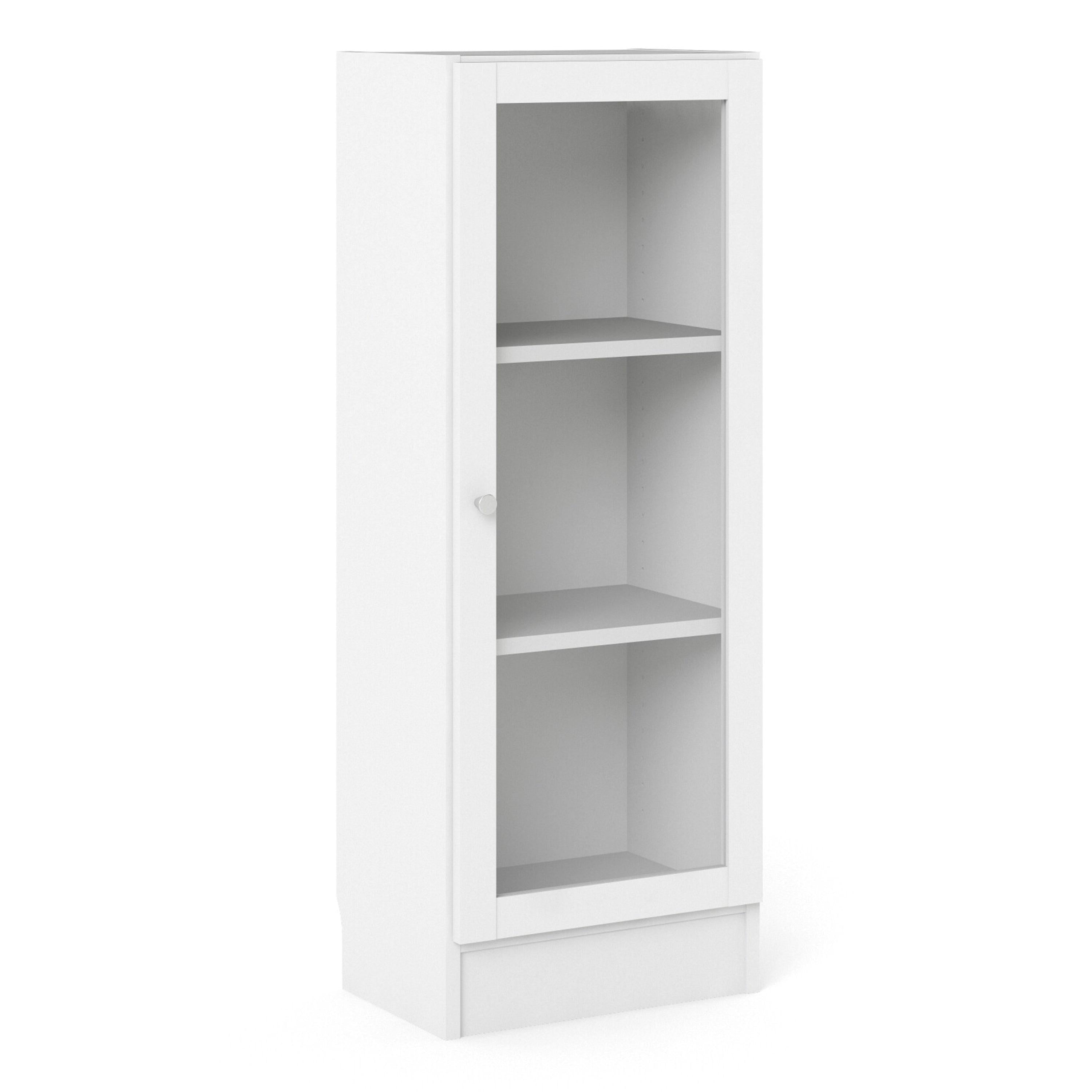 Basic Low Narrow Display Cabinet in White (2 Shelves) with Glass White Door