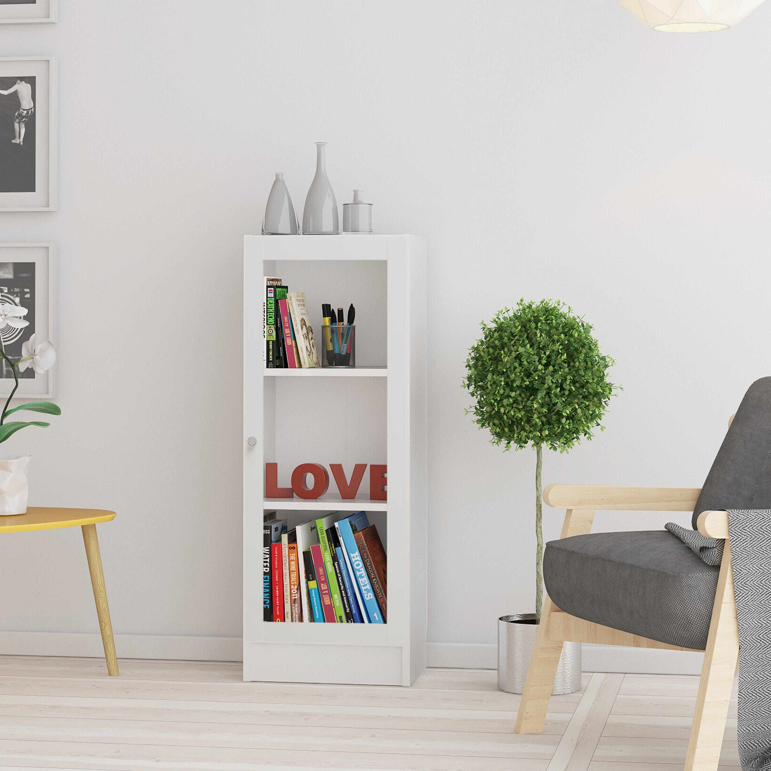 Basic Low Narrow Display Cabinet in White (2 Shelves) with Glass White Door - image 4