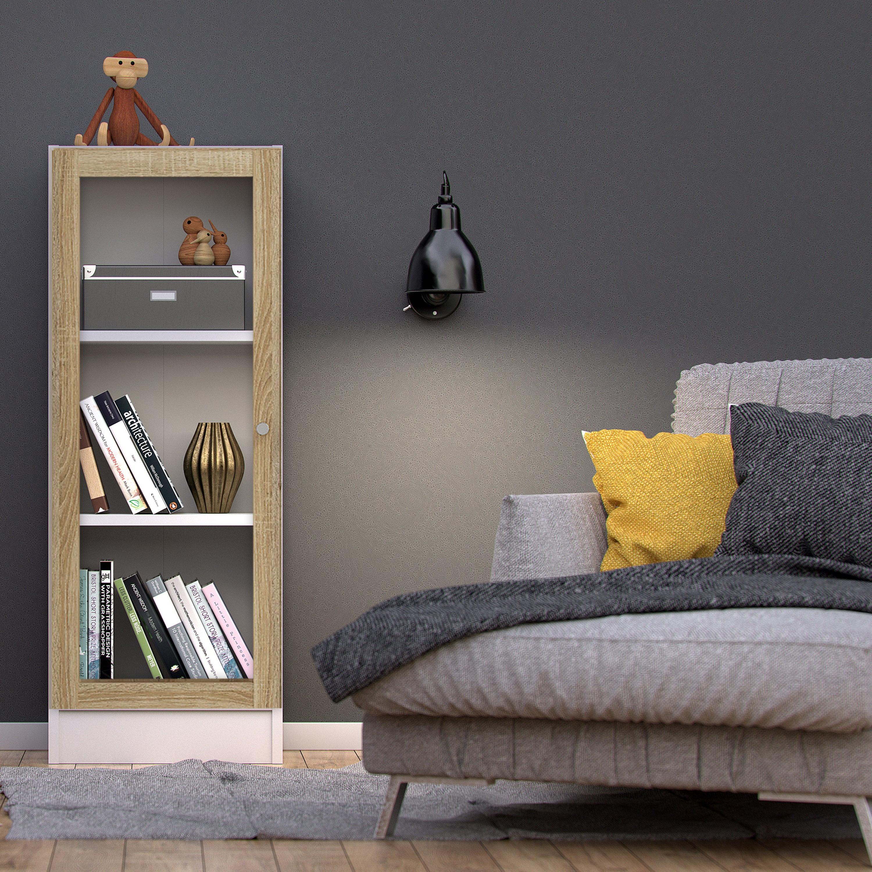 Basic Low Narrow Display Cabinet in White (2 Shelves) with Glass Oak Door - image 4