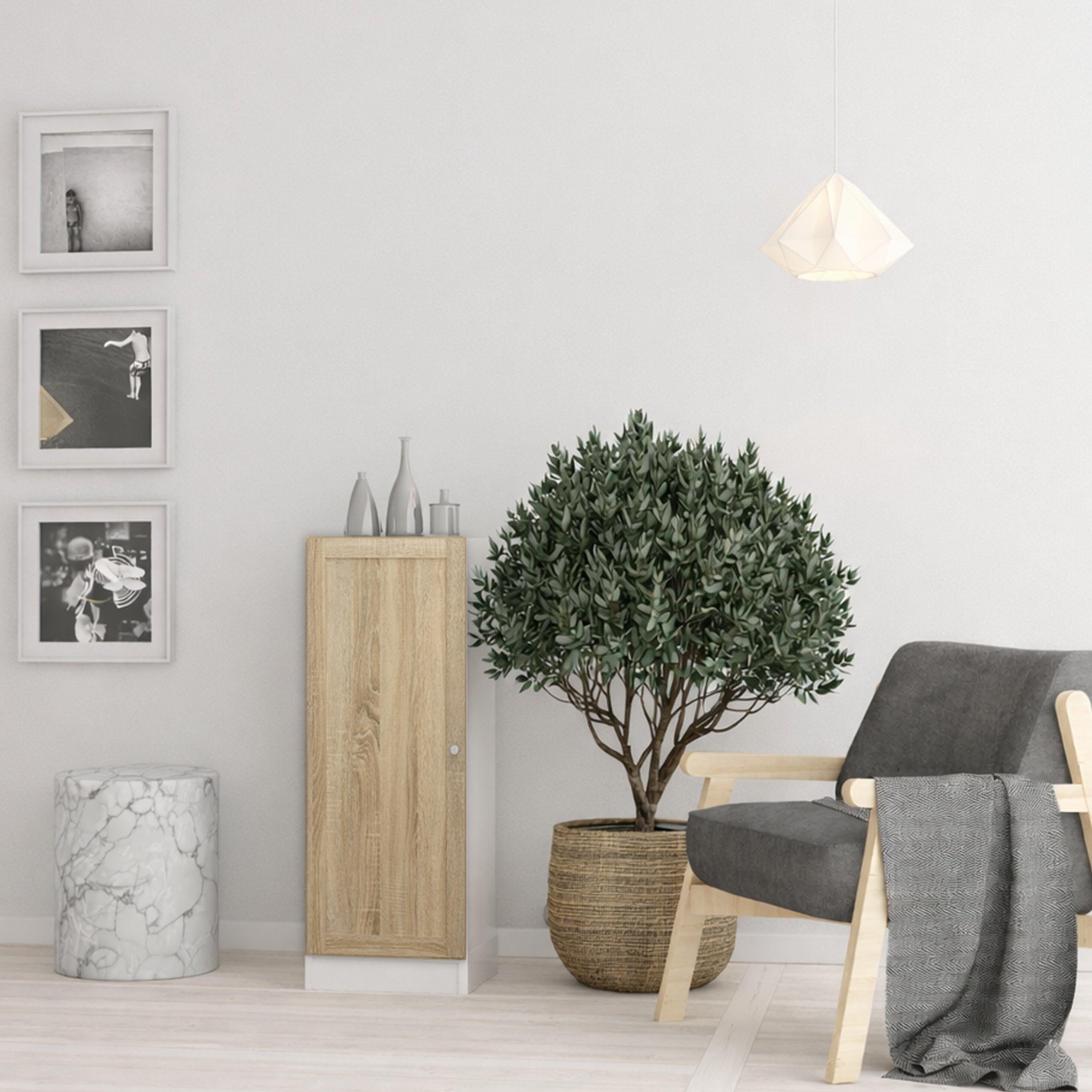 Basic Low Narrow Storage Cabinet in White (2 Shelves) with Oak Door - image 3