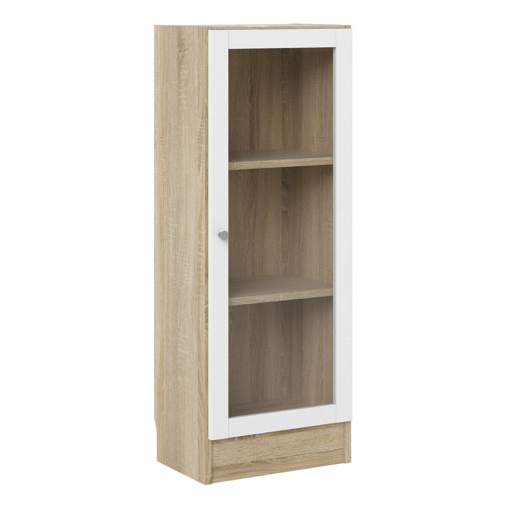 Basic Low Narrow Display Cabinet in Oak (2 Shelves) with Glass White Door