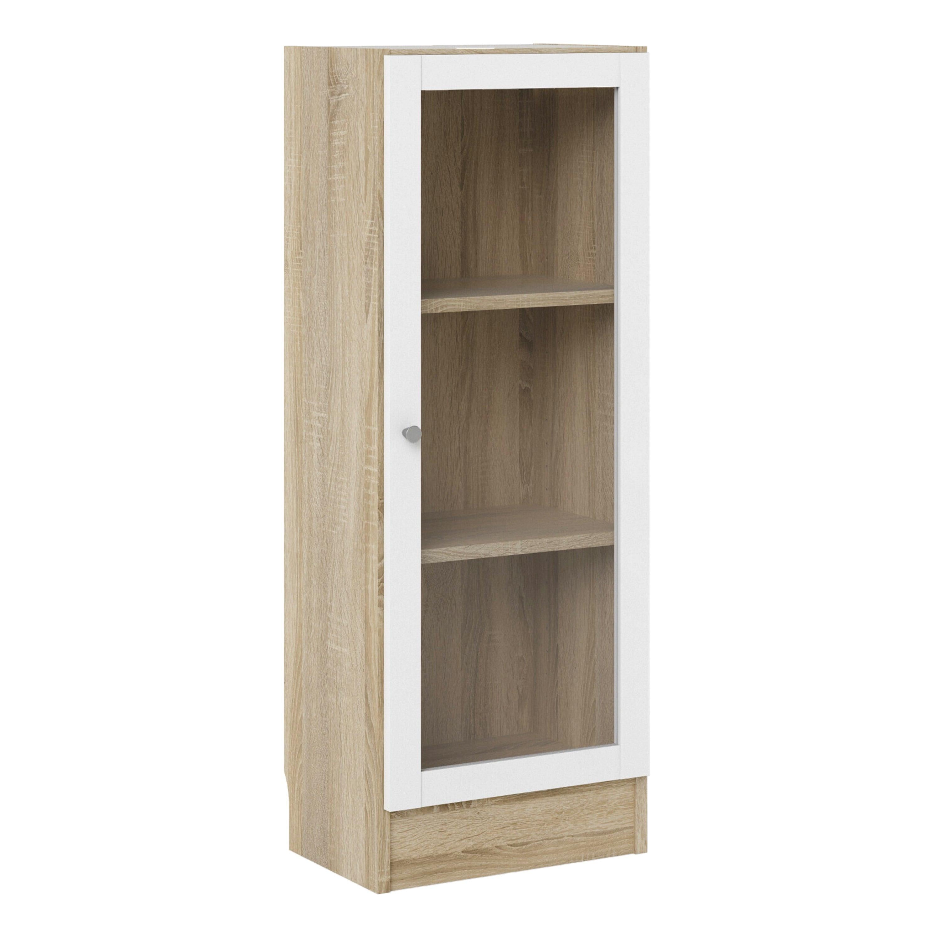 Basic Low Narrow Display Cabinet in Oak (2 Shelves) with Glass White Door