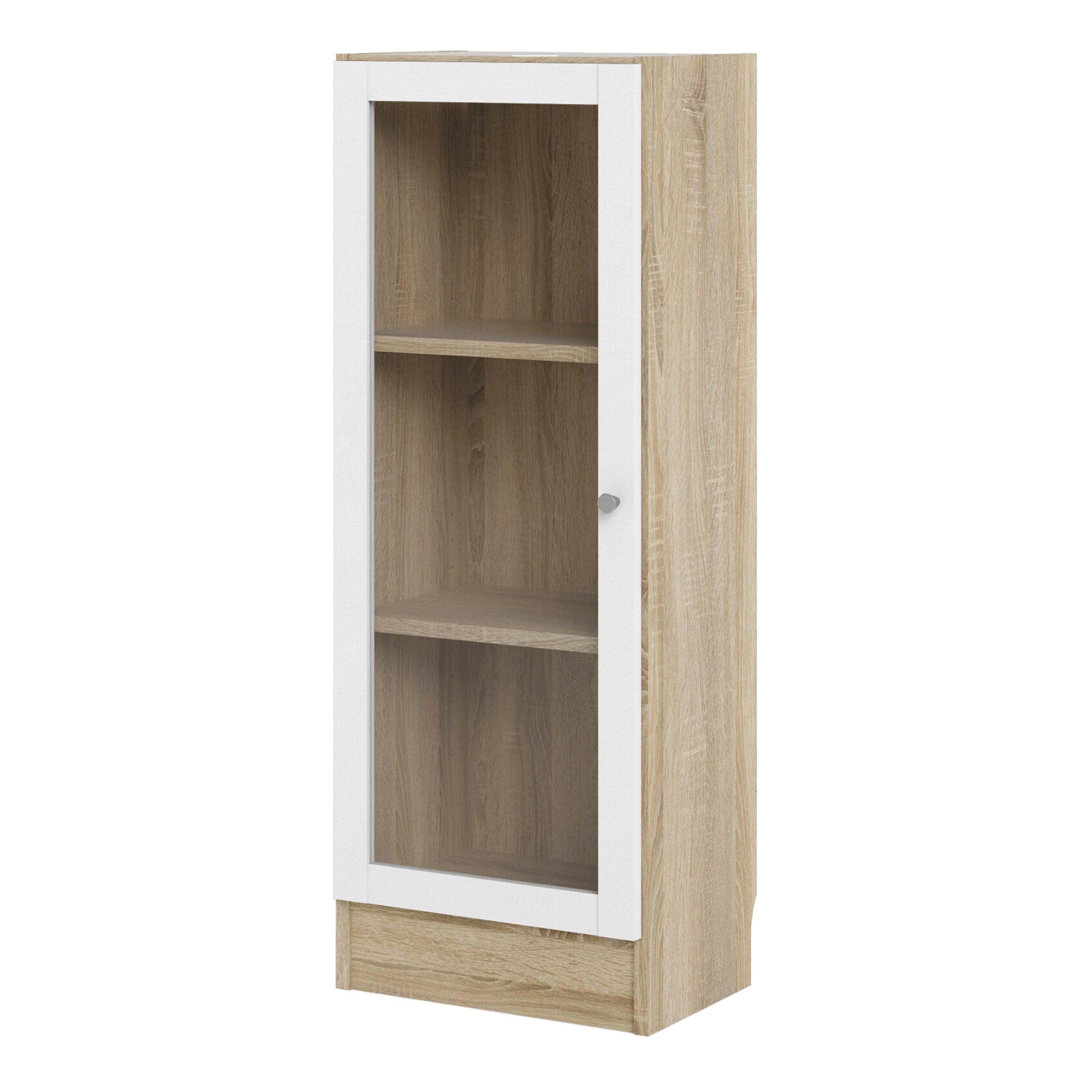 Basic Low Narrow Display Cabinet in Oak (2 Shelves) with Glass White Door - image 2
