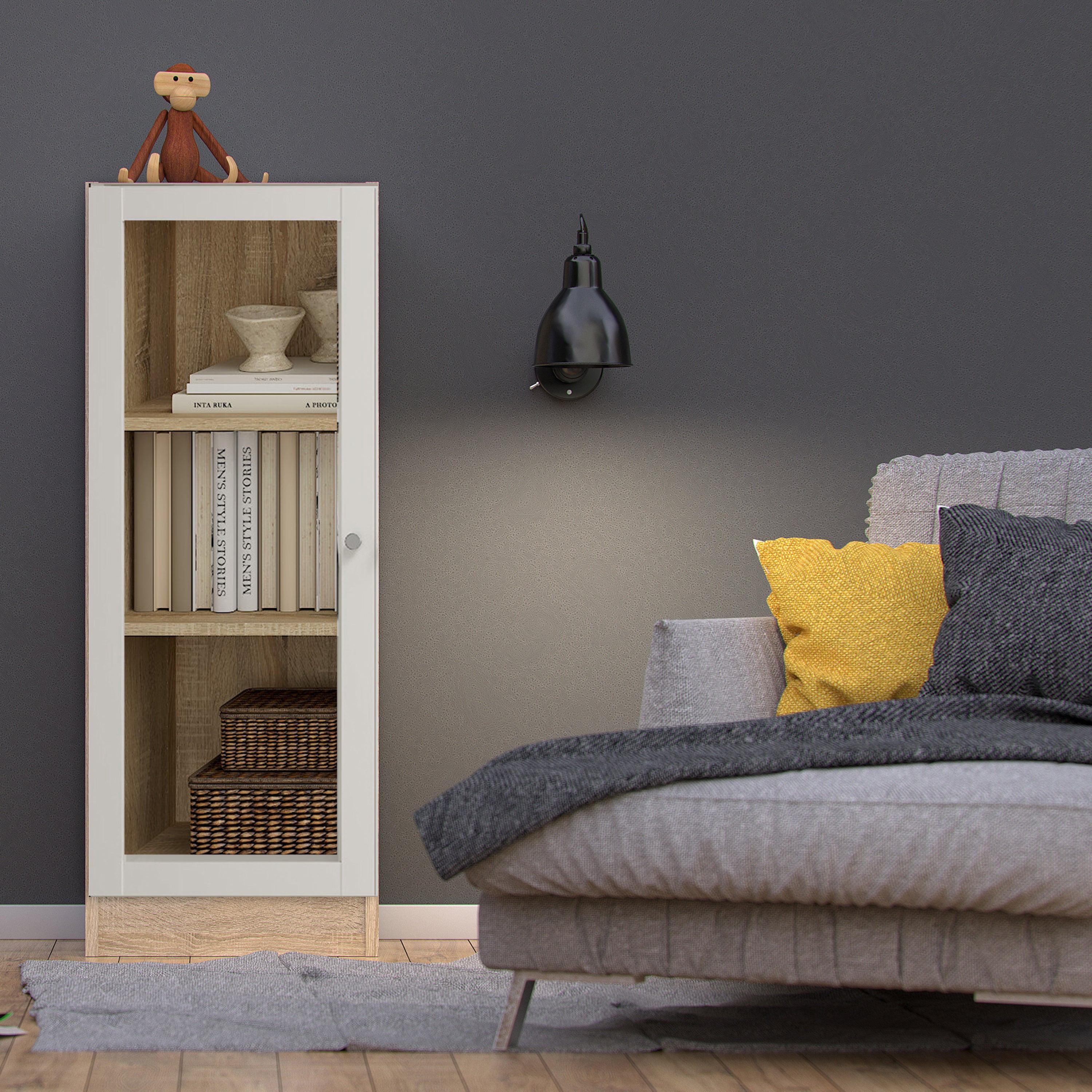 Basic Low Narrow Display Cabinet in Oak (2 Shelves) with Glass White Door - image 3