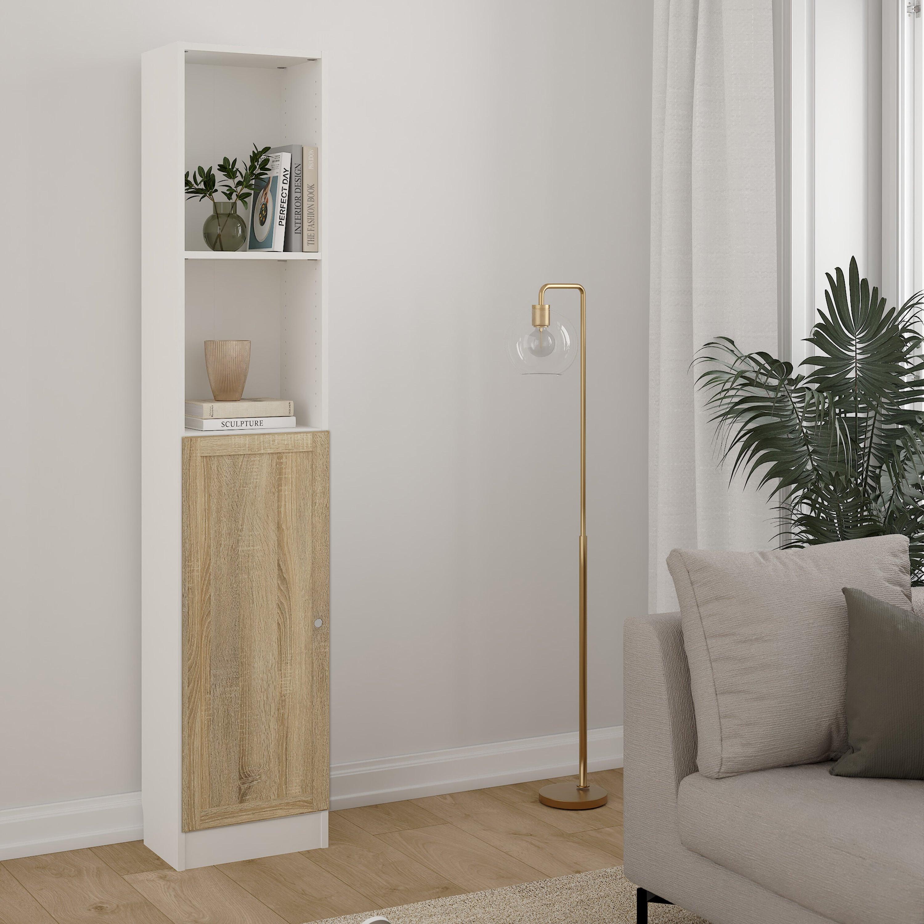 Basic Tall Narrow Combination Storage Bookcase in White (4 Shelves) with Glass Oak Door - image 3