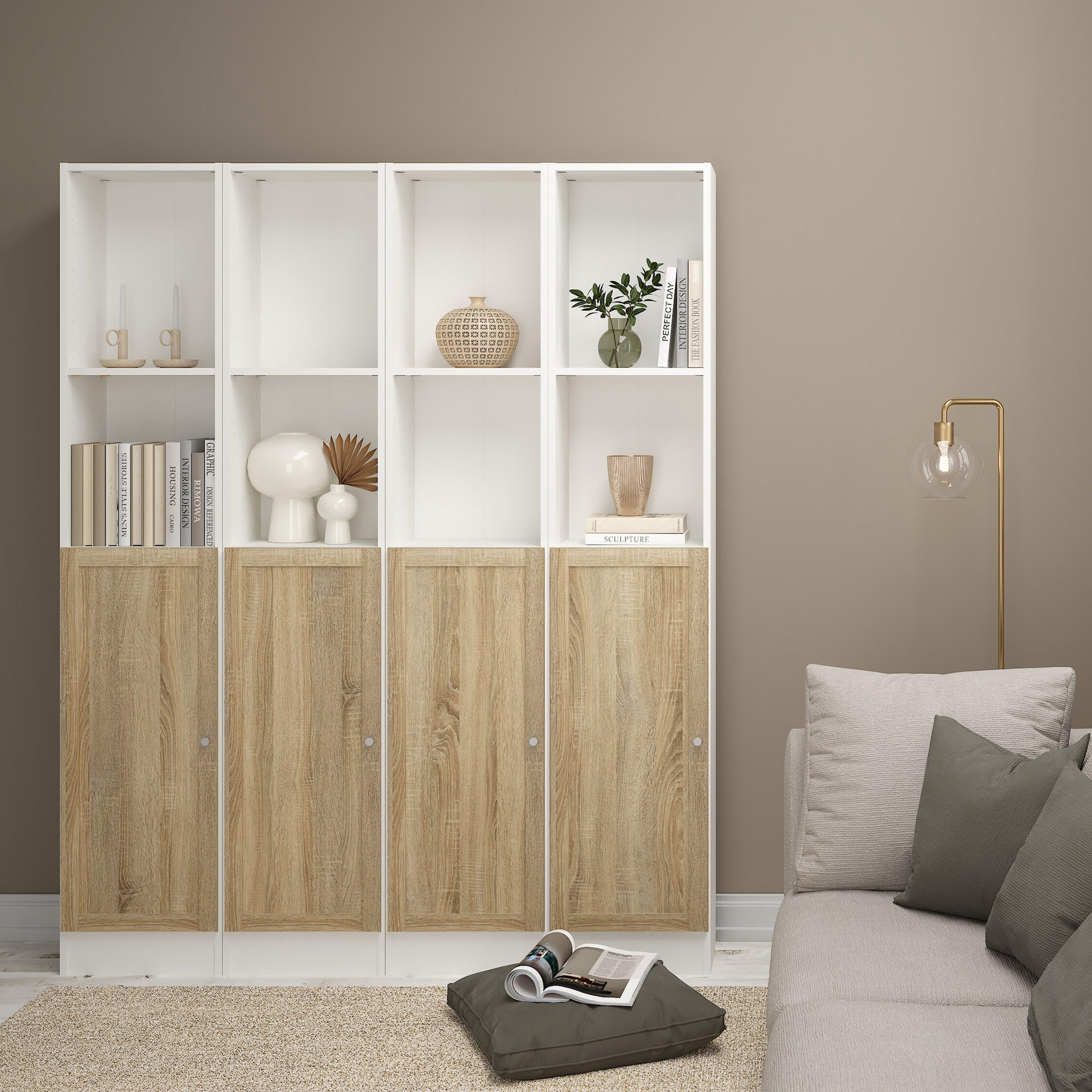 Basic Tall Narrow Combination Storage Bookcase in White (4 Shelves) with Glass Oak Door - image 4