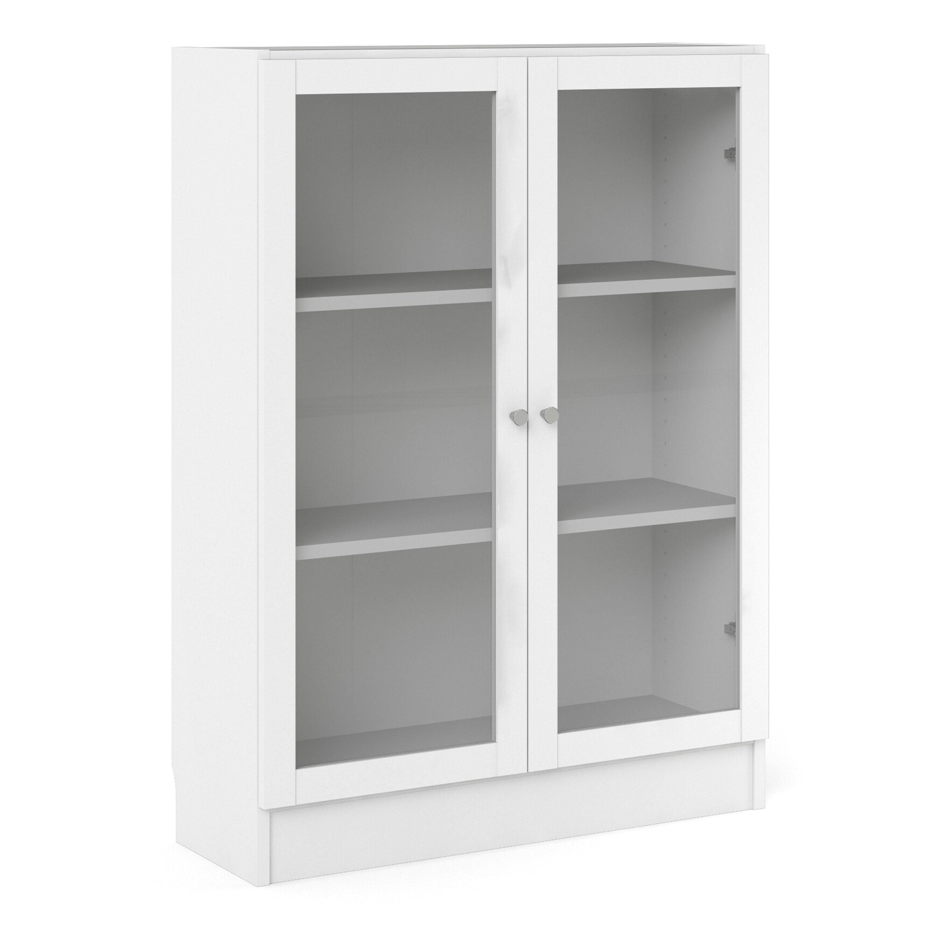 Basic Low Wide Display Cabinet in White (2 Shelves) with 2 Glass Doors in White