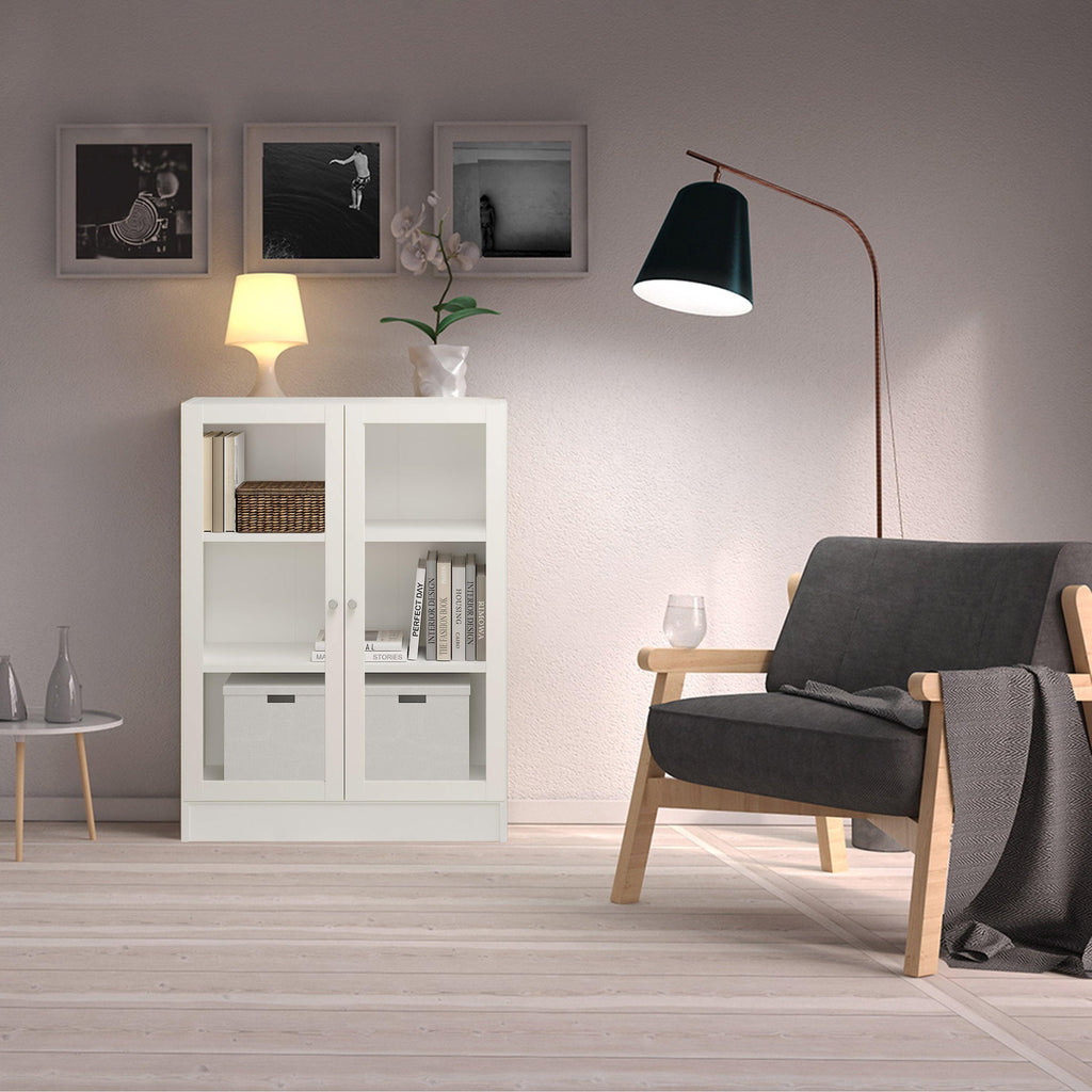 Basic Low Wide Display Cabinet in White (2 Shelves) with 2 Glass Doors in White - image 3