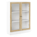Basic Low Wide Display Cabinet in White (2 Shelves) with 2 Glass Doors in Oak