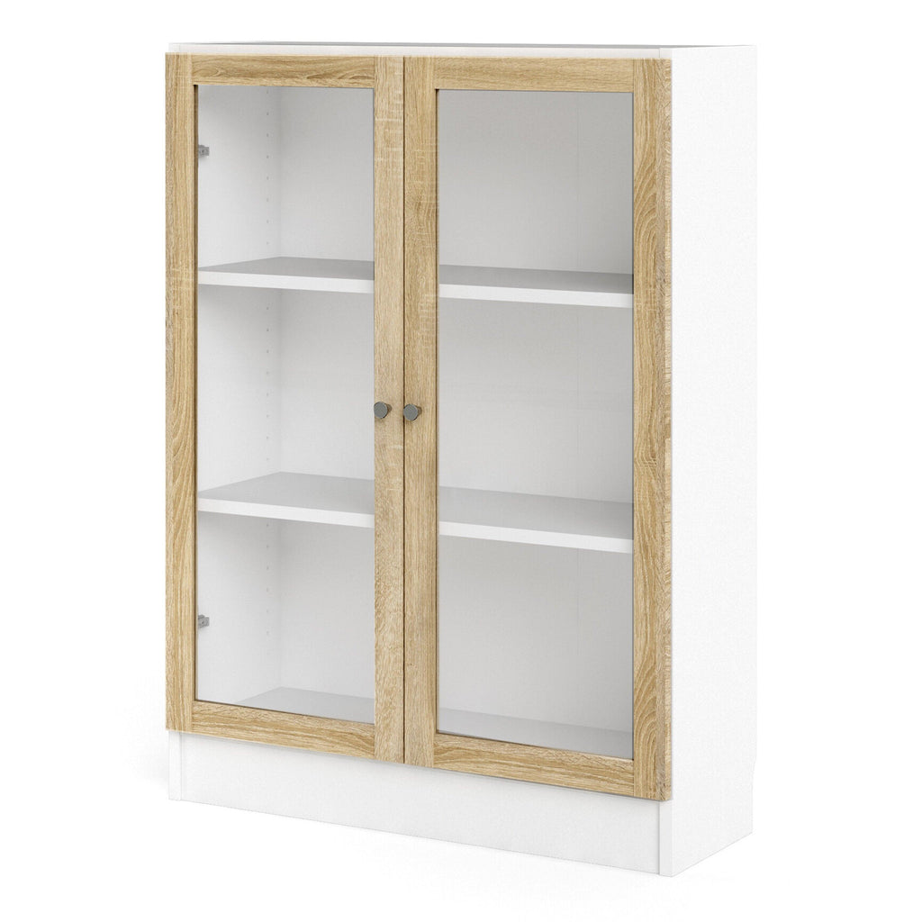Basic Low Wide Display Cabinet in White (2 Shelves) with 2 Glass Doors in Oak - image 2