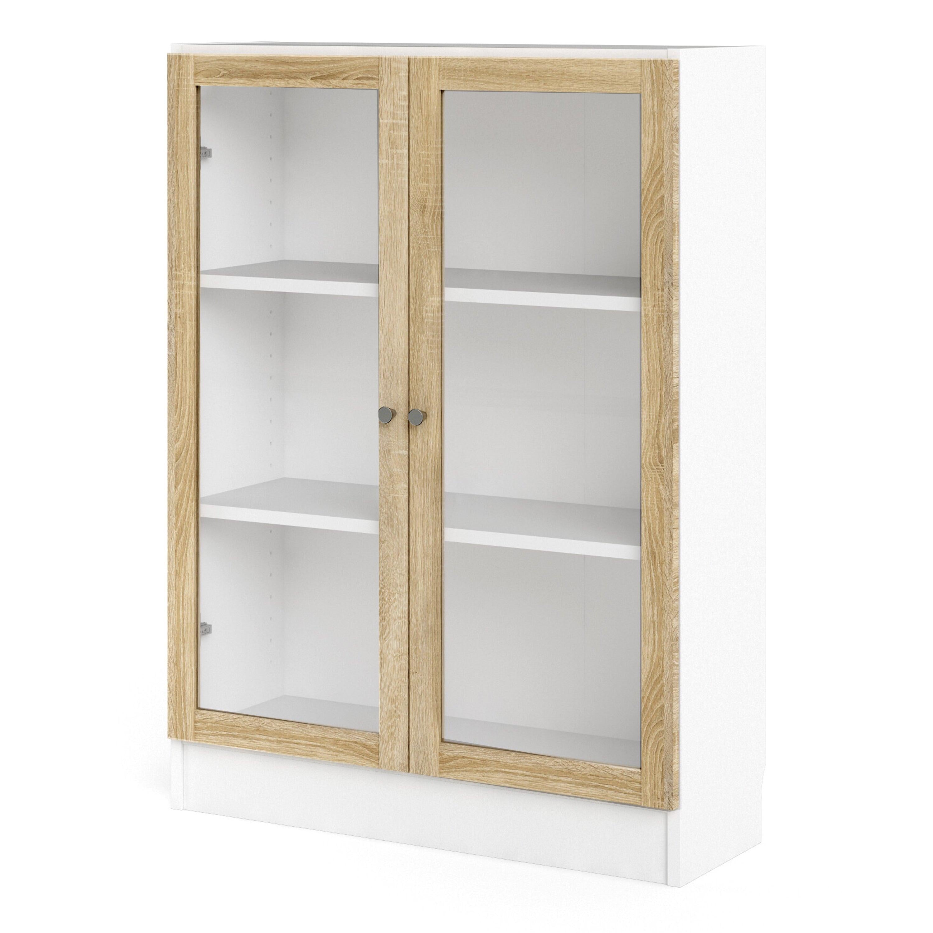 Basic Low Wide Display Cabinet in White (2 Shelves) with 2 Glass Doors in Oak - image 2