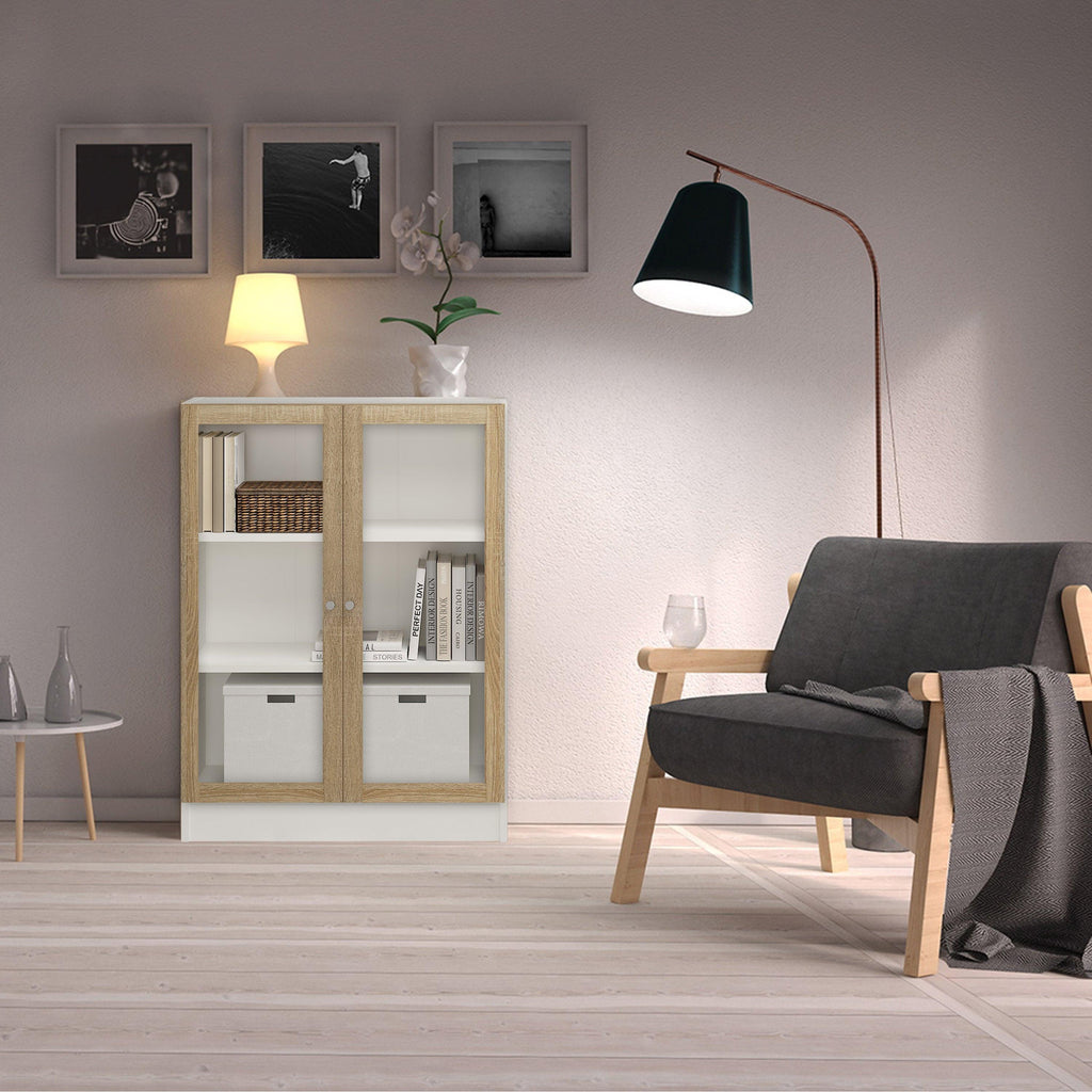 Basic Low Wide Display Cabinet in White (2 Shelves) with 2 Glass Doors in Oak - image 3