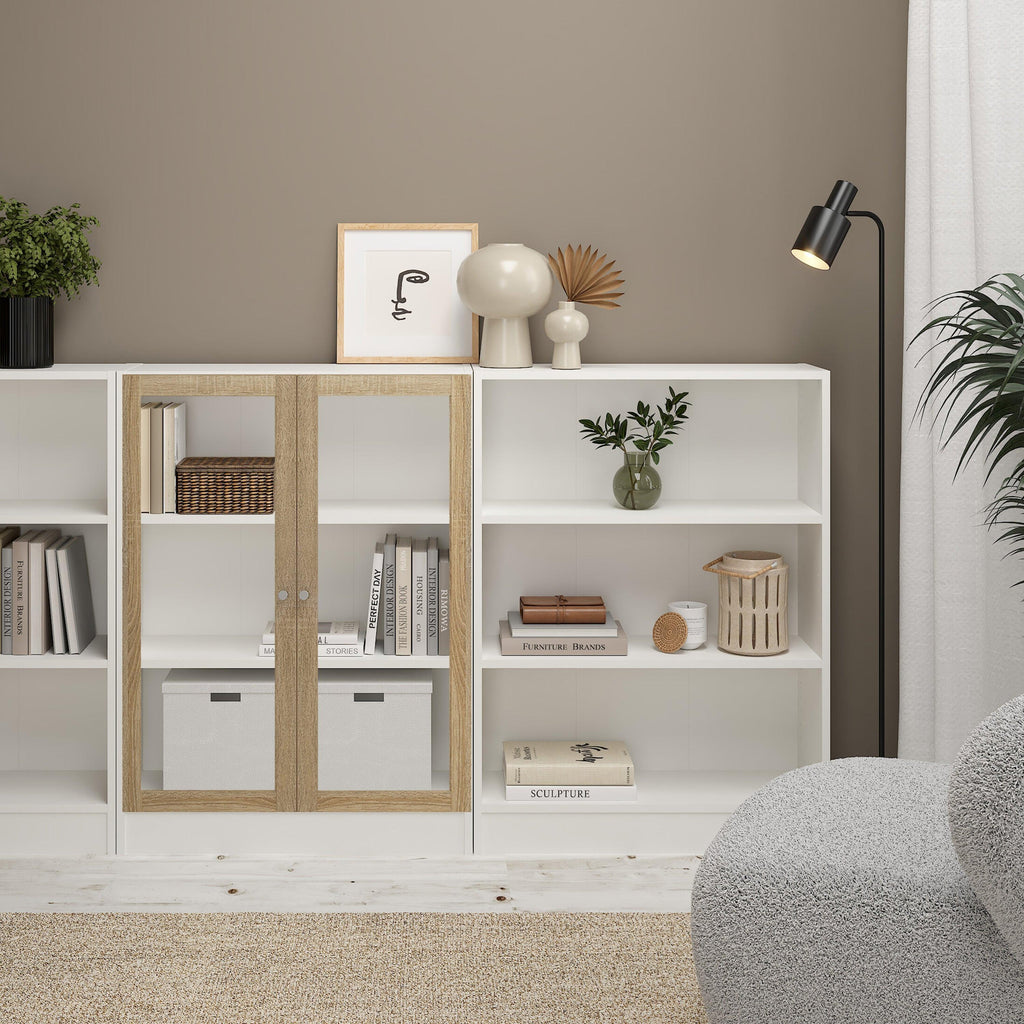 Basic Low Wide Display Cabinet in White (2 Shelves) with 2 Glass Doors in Oak - image 4