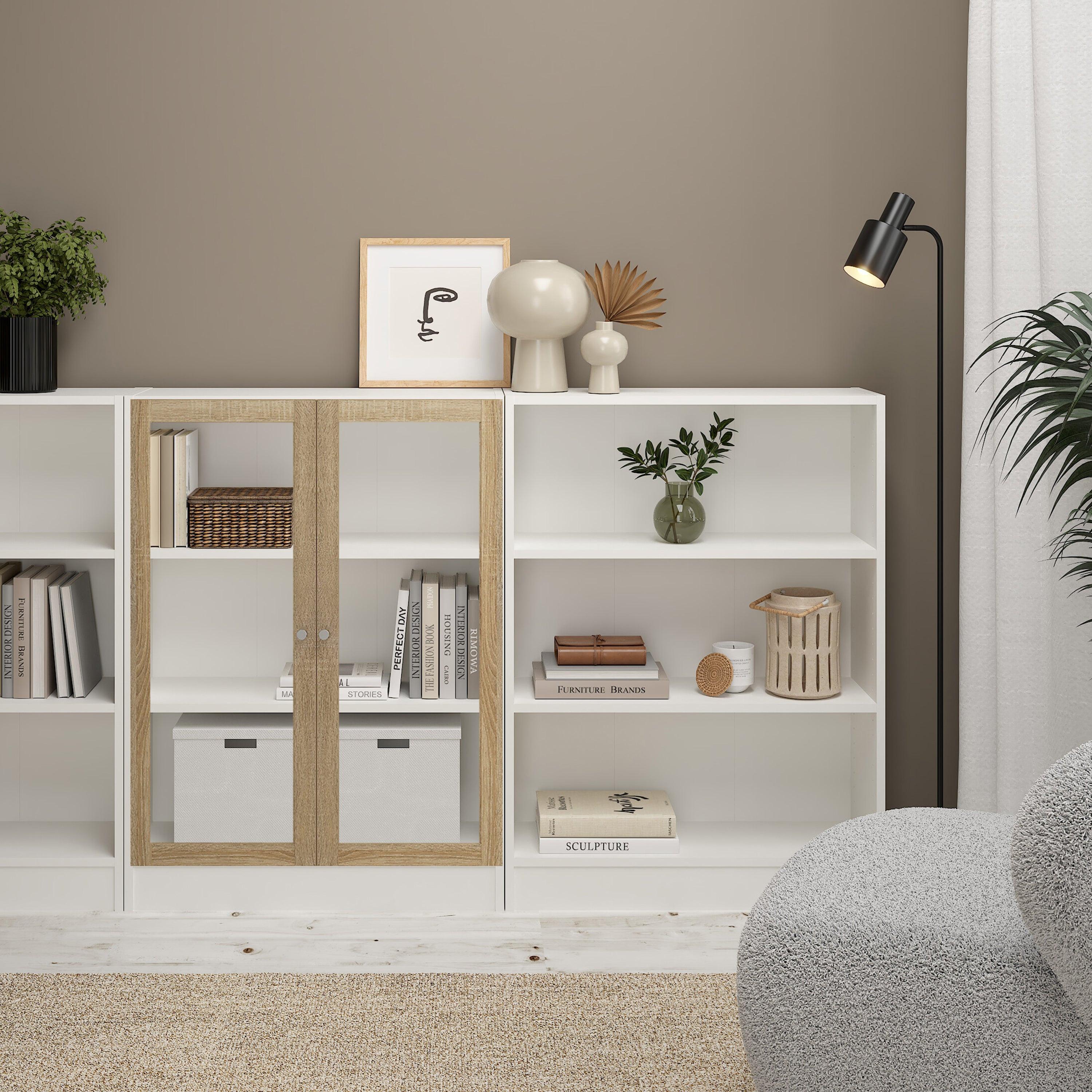 Basic Low Wide Display Cabinet in White (2 Shelves) with 2 Glass Doors in Oak - image 4