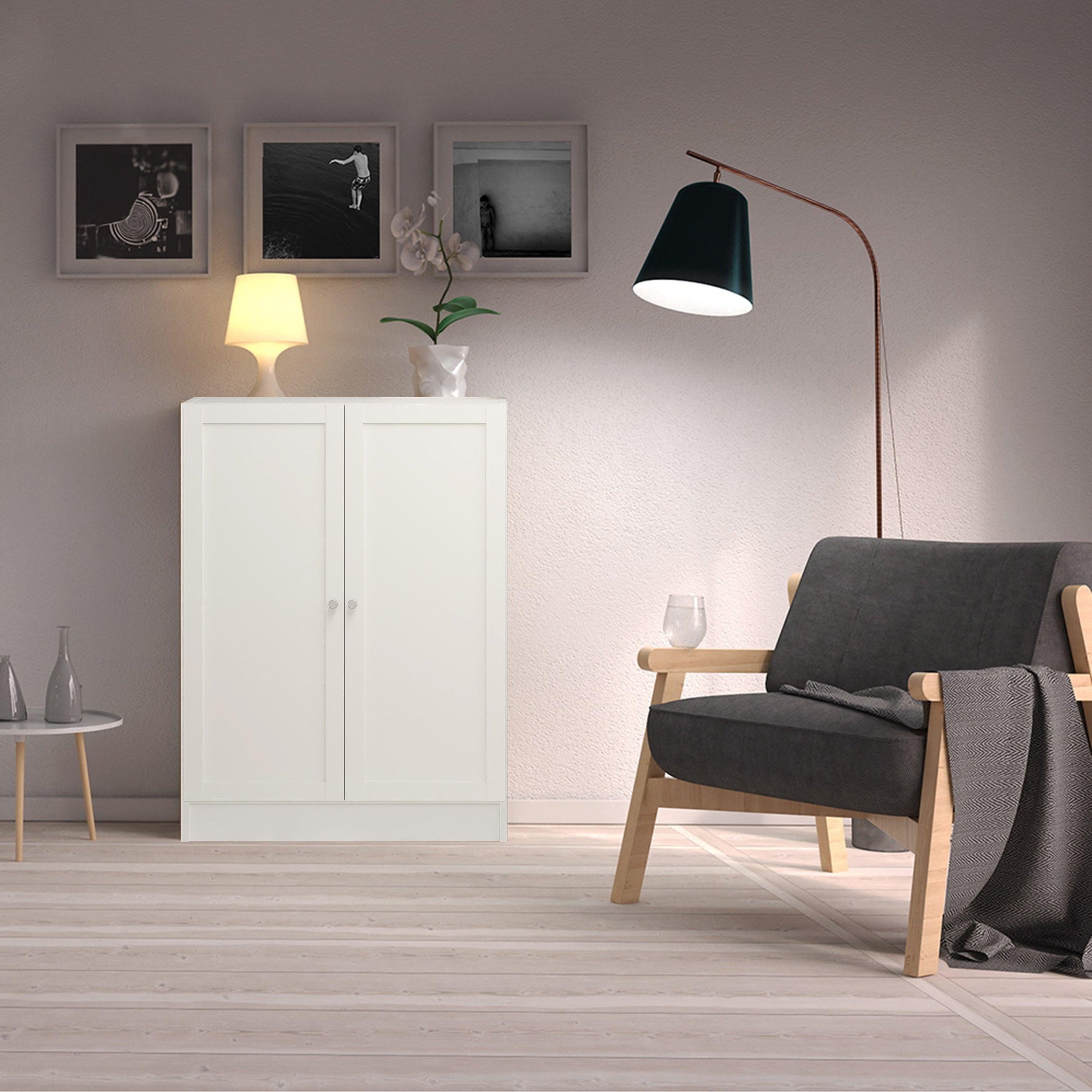 Basic Low Wide Storage Cabinet in White (2 Shelves) with 2 White Doors - image 3