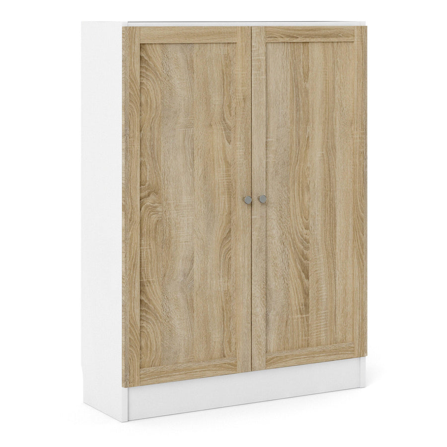 Basic Low Wide Storage Cabinet in White (2 Shelves) with 2 Oak Doors