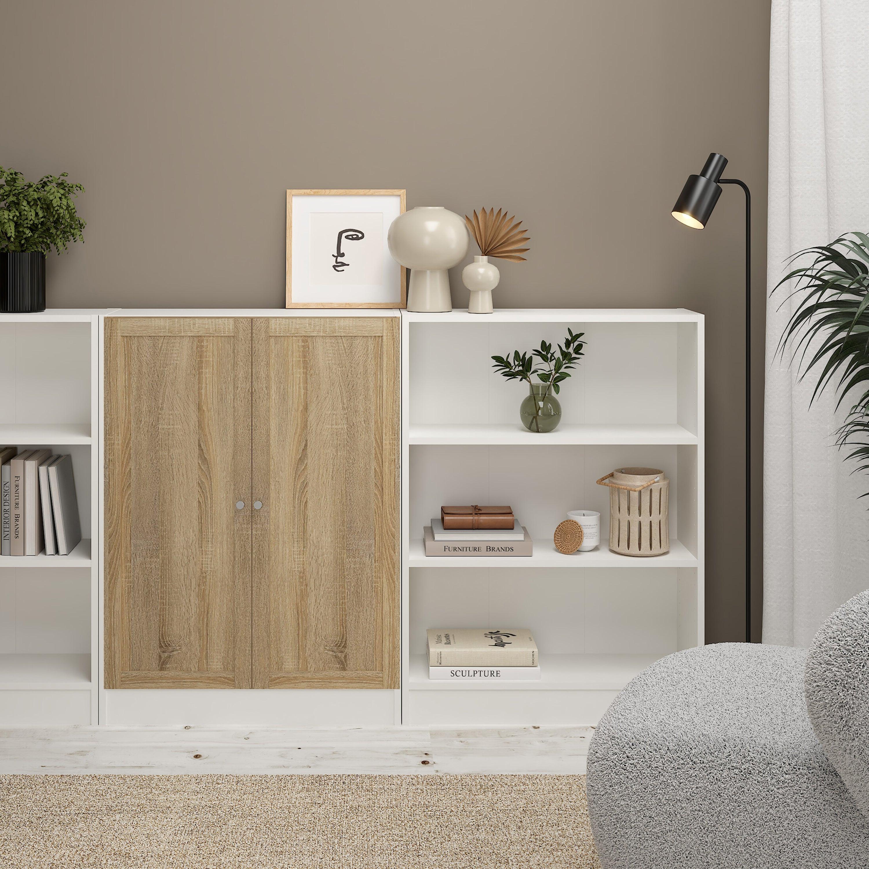 Basic Low Wide Storage Cabinet in White (2 Shelves) with 2 Oak Doors - image 4