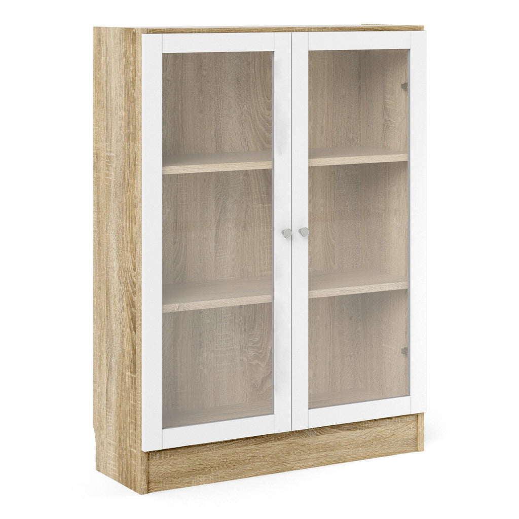 Basic Low Wide Display Cabinet in Oak (2 Shelves) with 2 Glass Doors in White