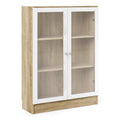 Basic Low Wide Display Cabinet in Oak (2 Shelves) with 2 Glass Doors in White