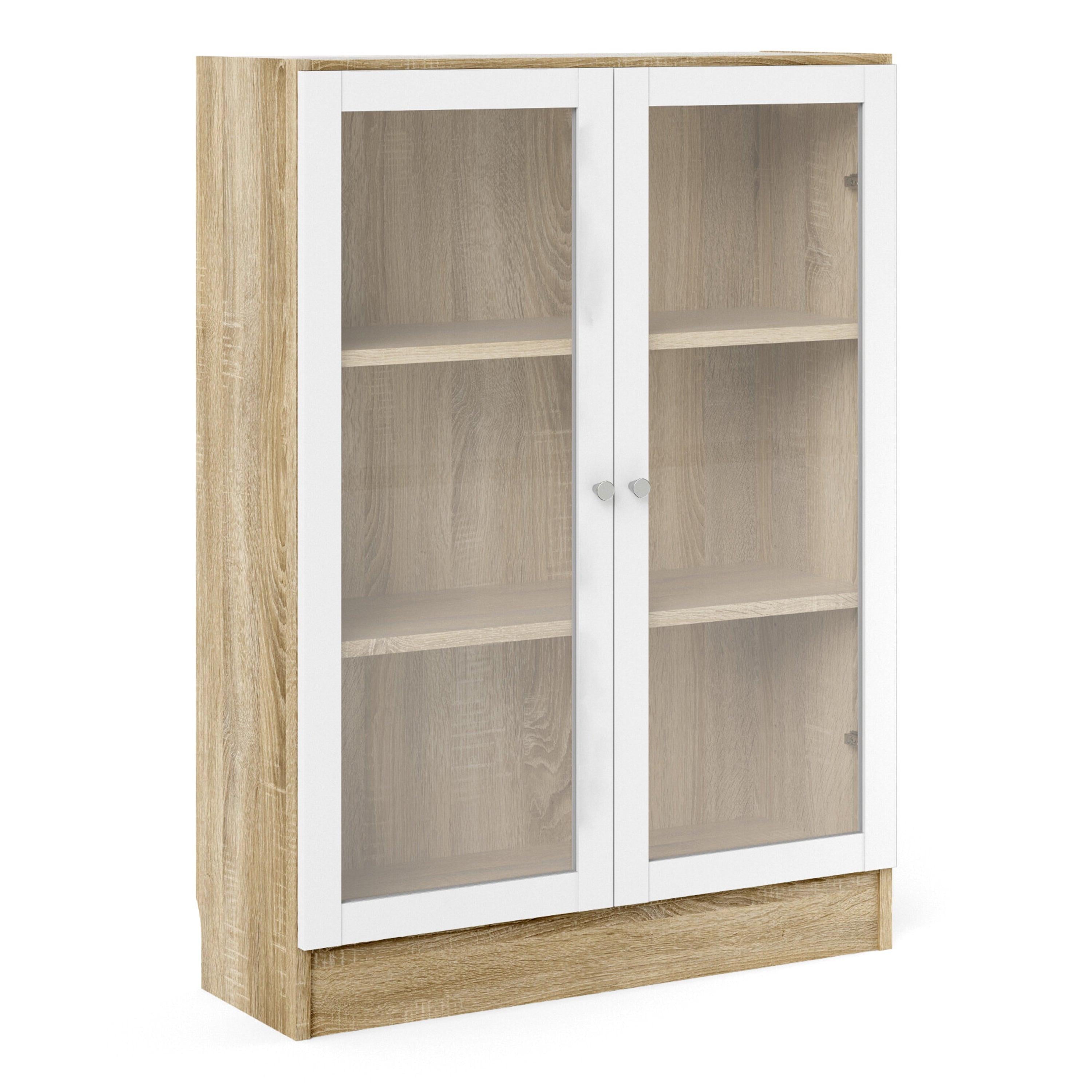 Basic Low Wide Display Cabinet in Oak (2 Shelves) with 2 Glass Doors in White