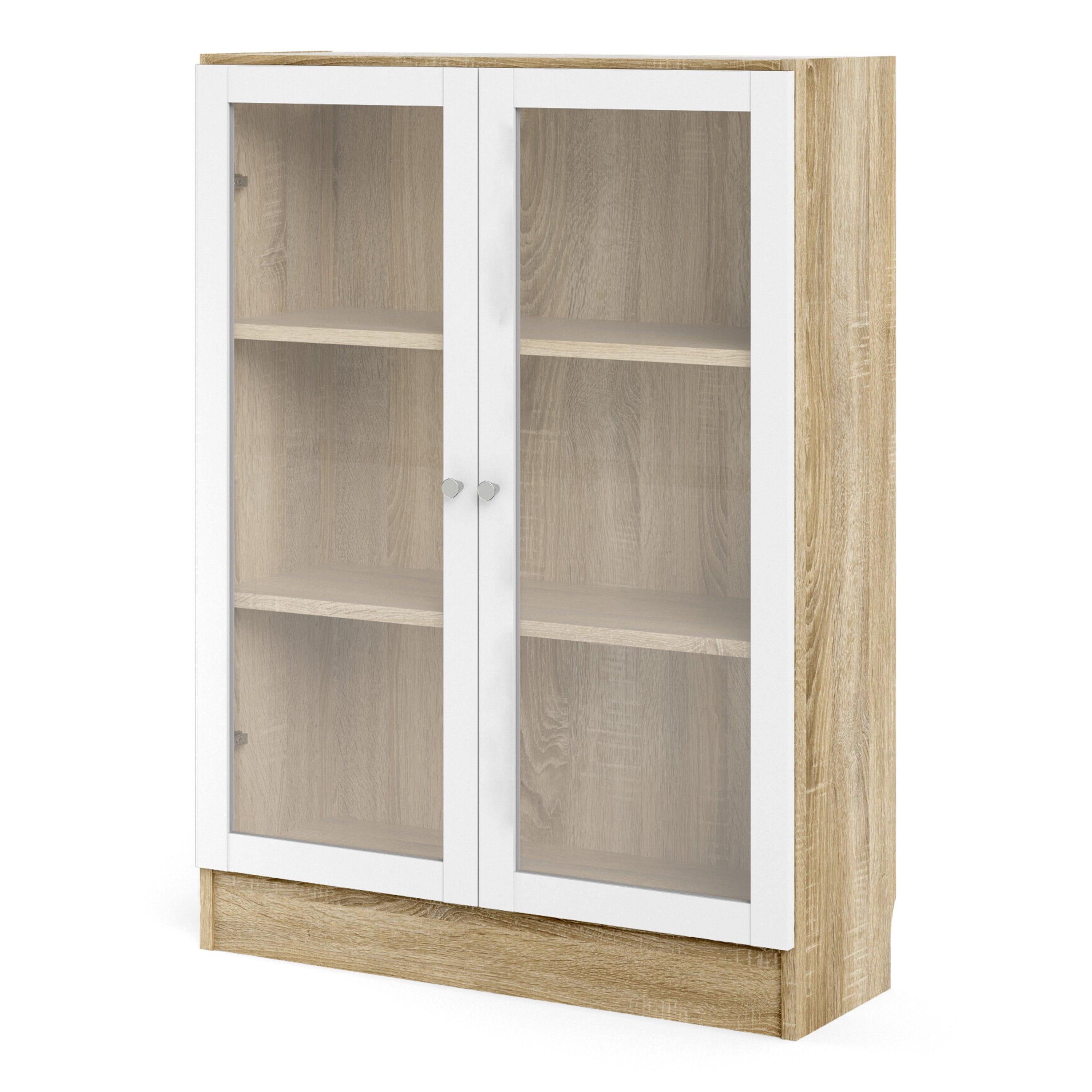 Basic Low Wide Display Cabinet in Oak (2 Shelves) with 2 Glass Doors in White - image 2