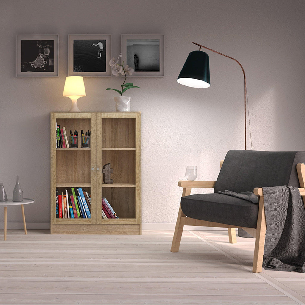 Basic Low Wide Display Cabinet in Oak (2 Shelves) with 2 Glass Doors in Oak - image 3