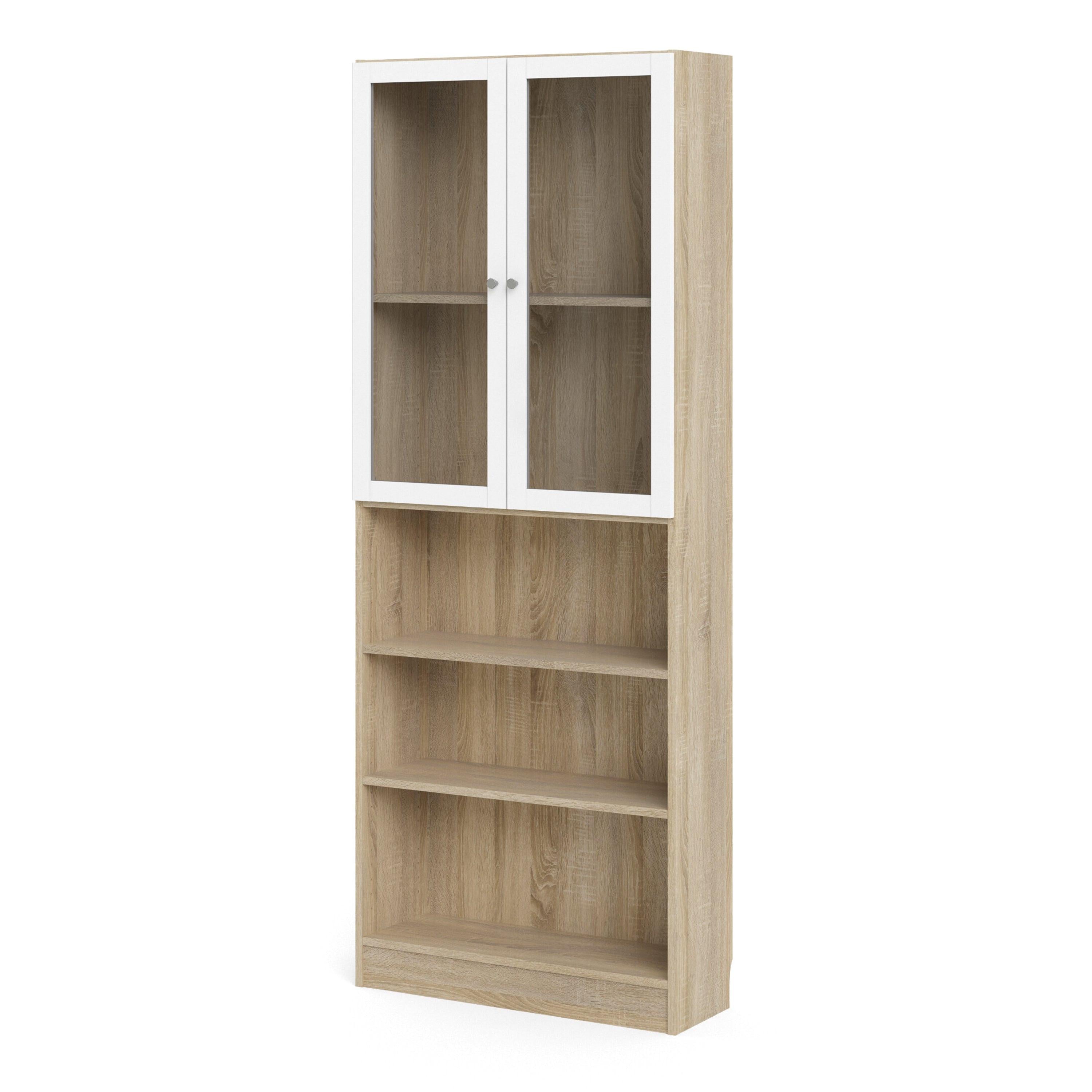 Basic Tall Wide Display Cabinet in Oak (4 Shelves) with 2 Glass White Doors - image 2