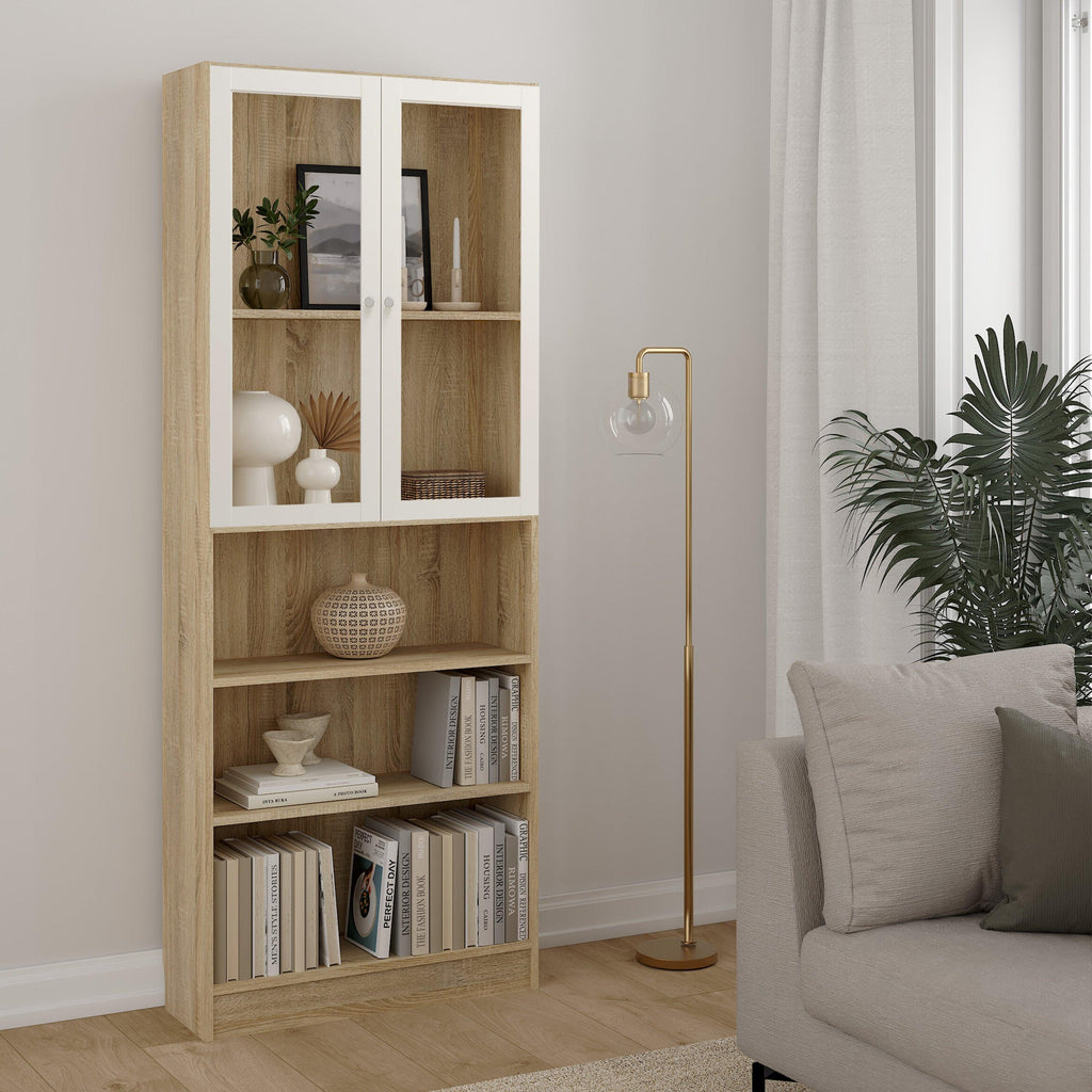 Basic Tall Wide Display Cabinet in Oak (4 Shelves) with 2 Glass White Doors - image 3