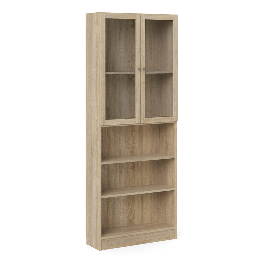 Basic Tall Wide Display Cabinet in Oak (4 Shelves) with 2 Glass Oak Doors