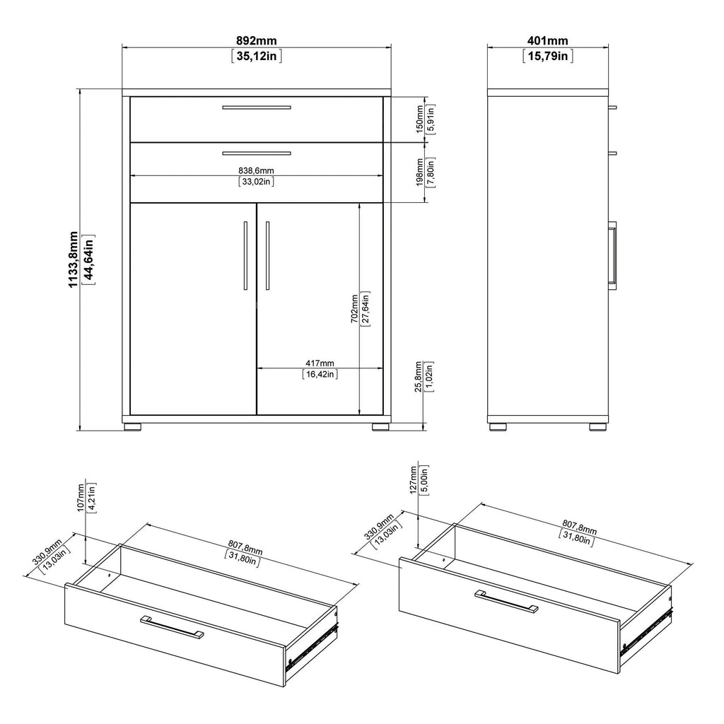 Prima Bookcase 3 Shelves with 2 Drawers 2 Doors in White - image 11