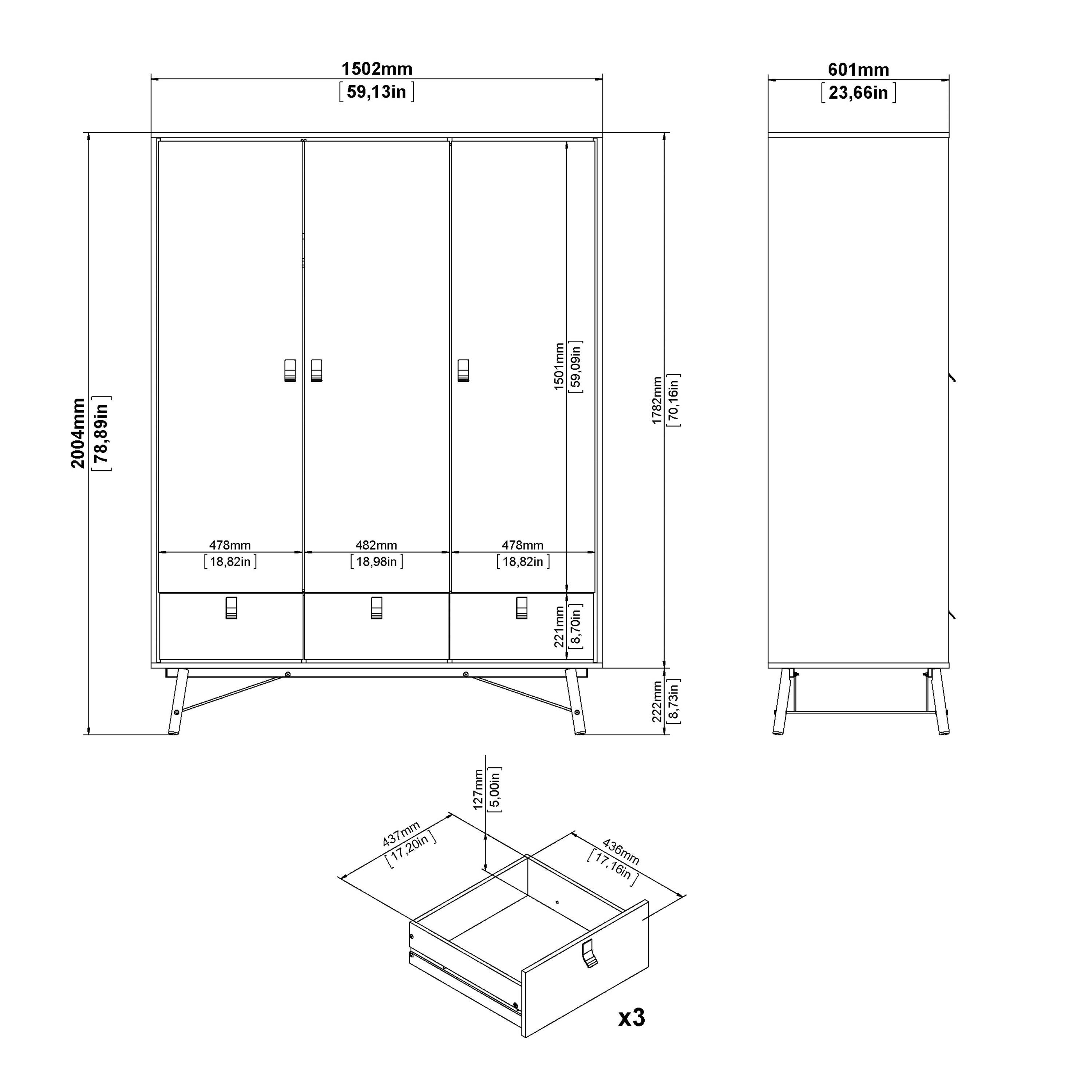 Ry Wardrobe 3 Doors 3 Drawers in Matt Black Walnut - image 11