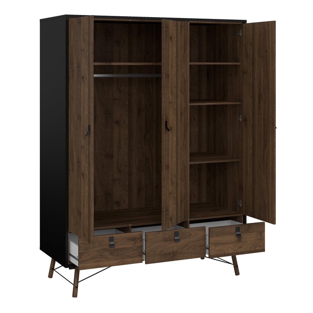 Ry Wardrobe 3 Doors 3 Drawers in Matt Black Walnut - image 5