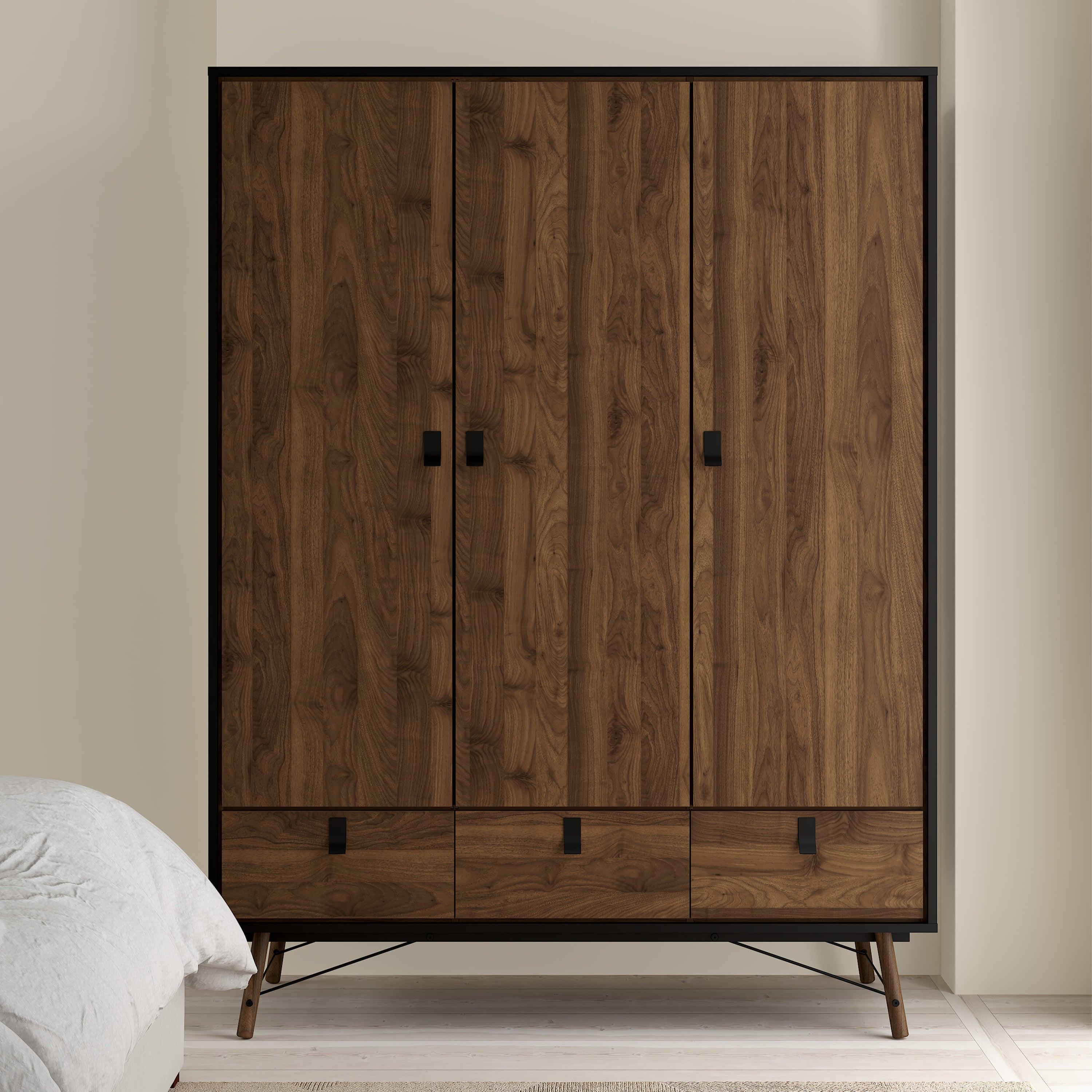 Ry Wardrobe 3 Doors 3 Drawers in Matt Black Walnut - image 7