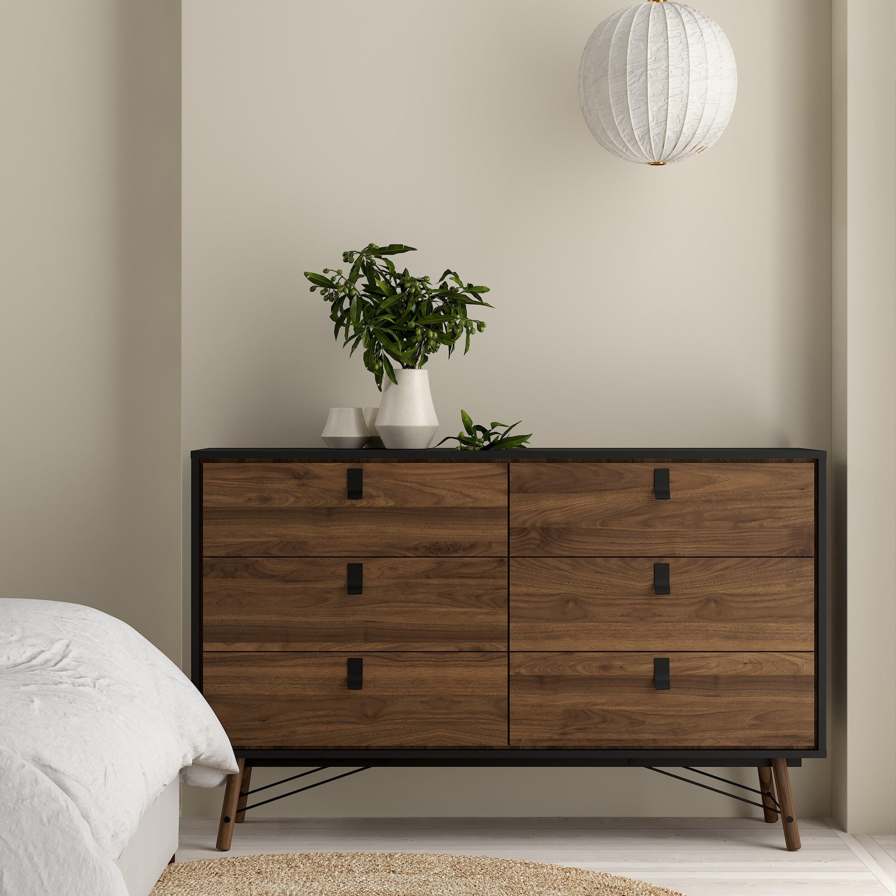 Ry Wide Double Chest of Drawers 6 Drawers in Matt Black Walnut - image 7