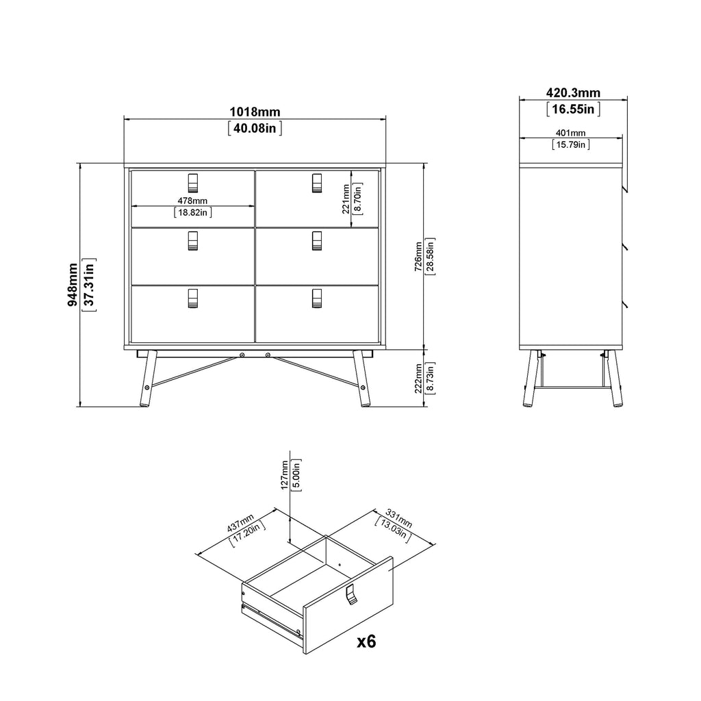 Ry Double Chest of Drawers 6 Drawers in Matt Black Walnut - image 10
