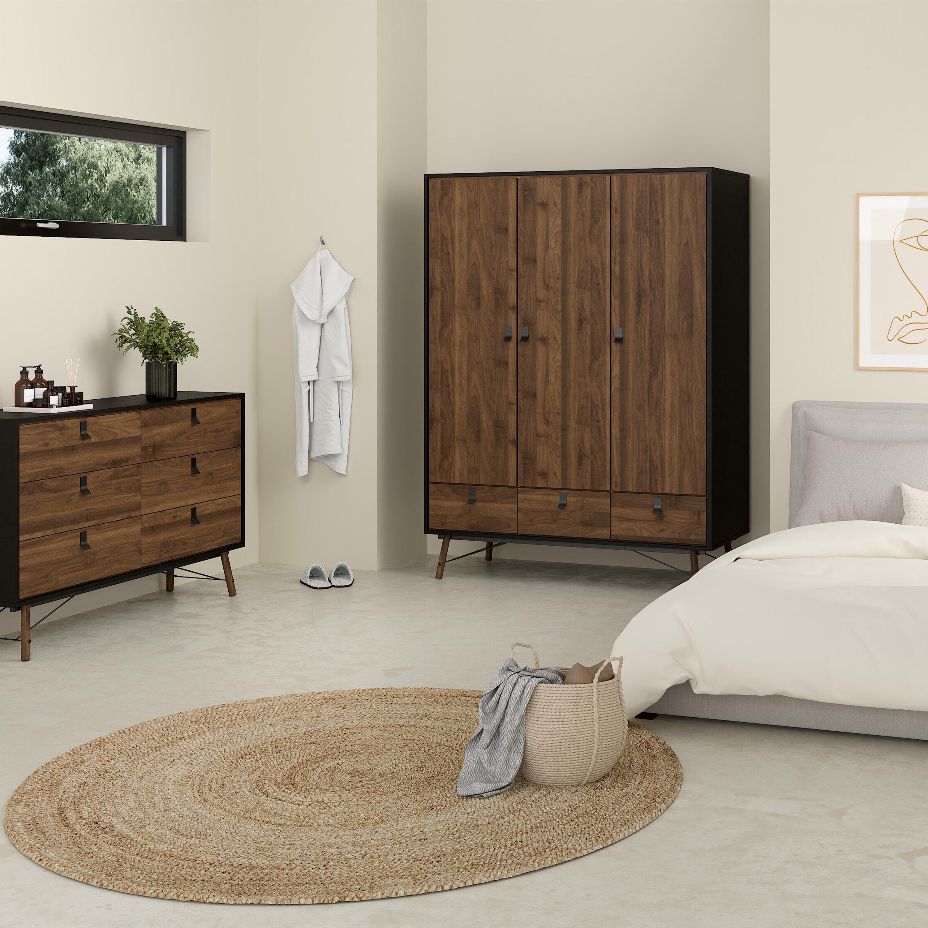 Ry Package - Wardrobe 3 Doors + 3 Drawers + Double chest 6 Drawers + Bedside Cabinet 2 Drawers in Matt Black Walnut - image 1