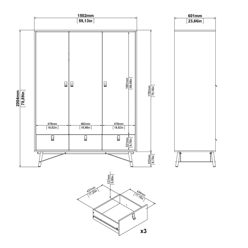 Ry Package - Wardrobe 3 Doors + 3 Drawers + Double chest 6 Drawers + Bedside Cabinet 2 Drawers in Matt Black Walnut - image 1