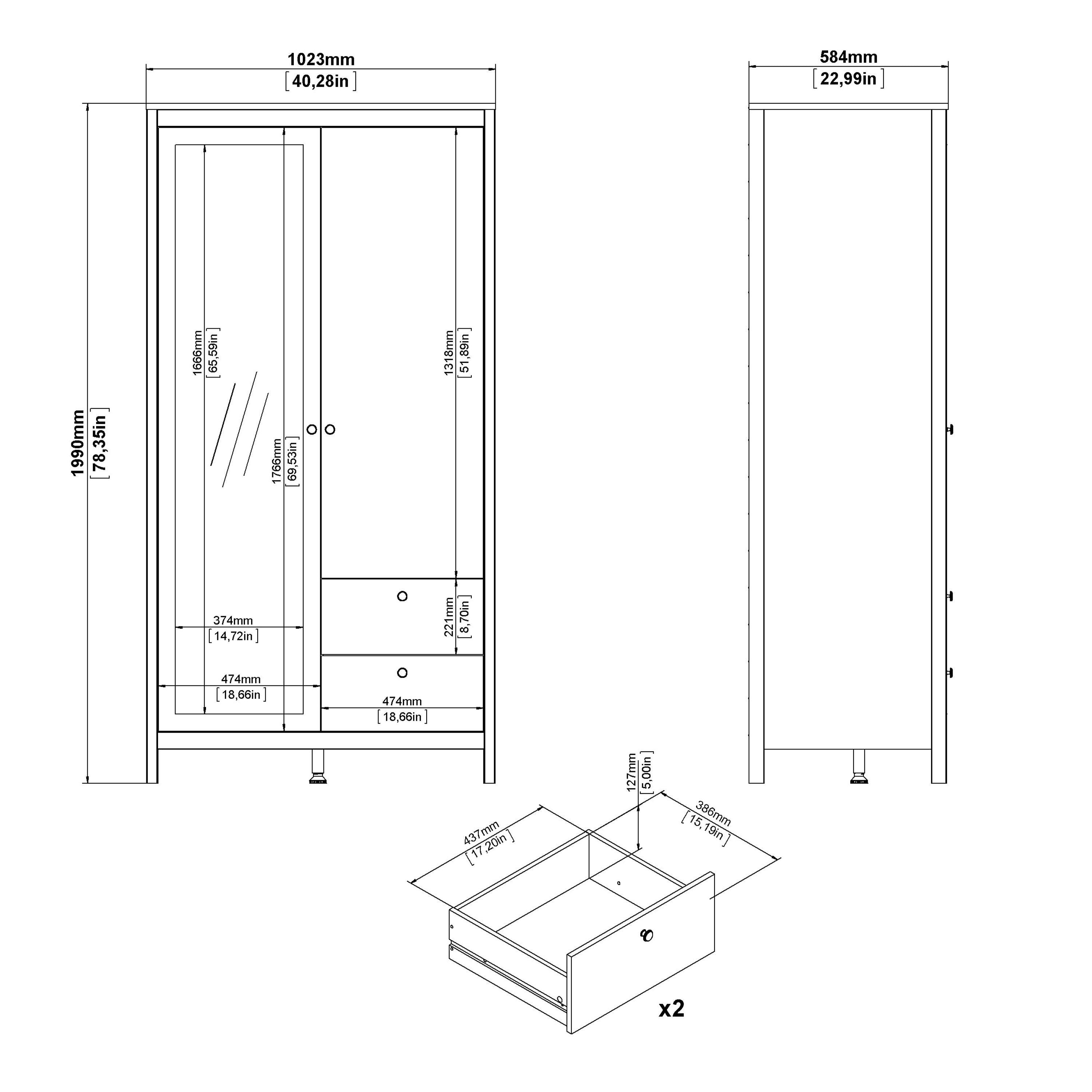 Barcelona Wardrobe with 1 Door 1 Mirror Door 2 Drawers in White - image 9