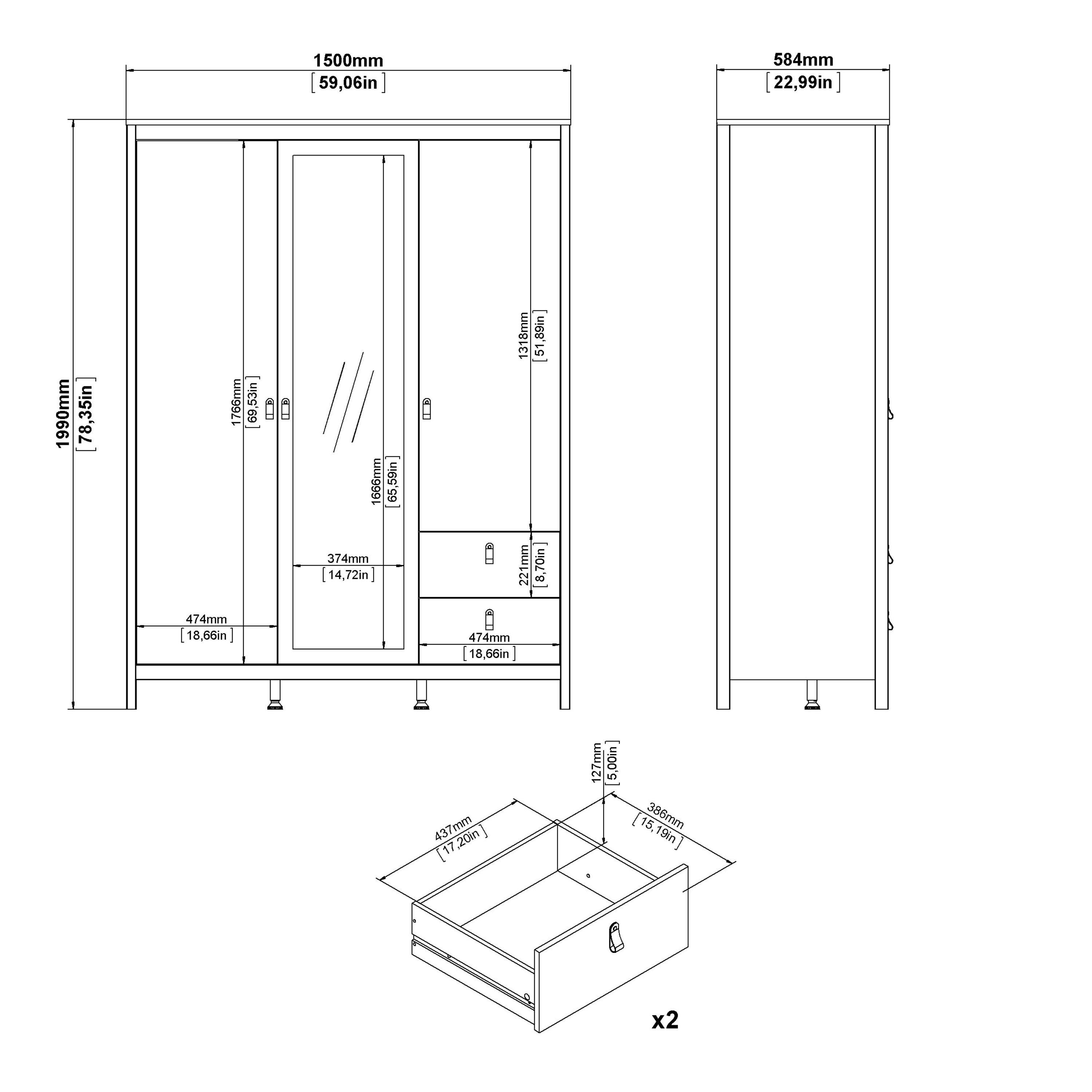 Barcelona Wardrobe with 2 Doors 1 Mirror Door 2 Drawers in White - image 9
